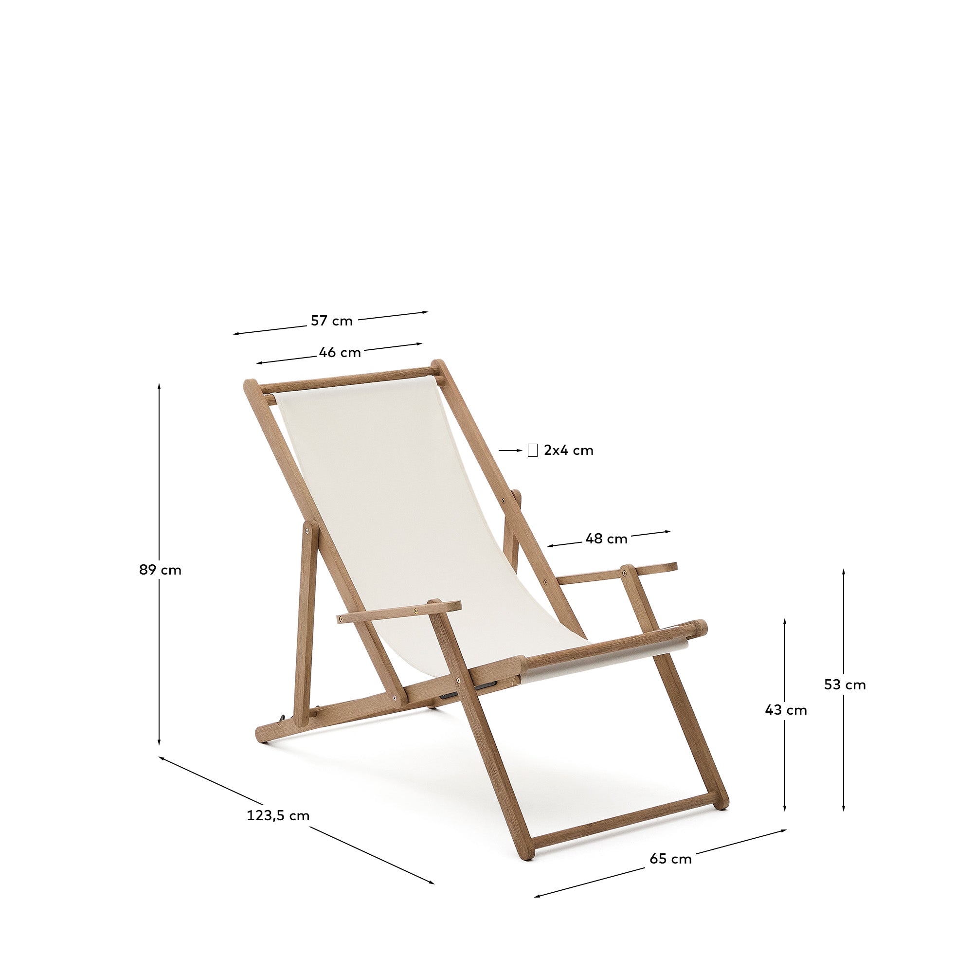Vilara white outdoor folding deck chair made of FSC 100% solid acacia wood - Measurements