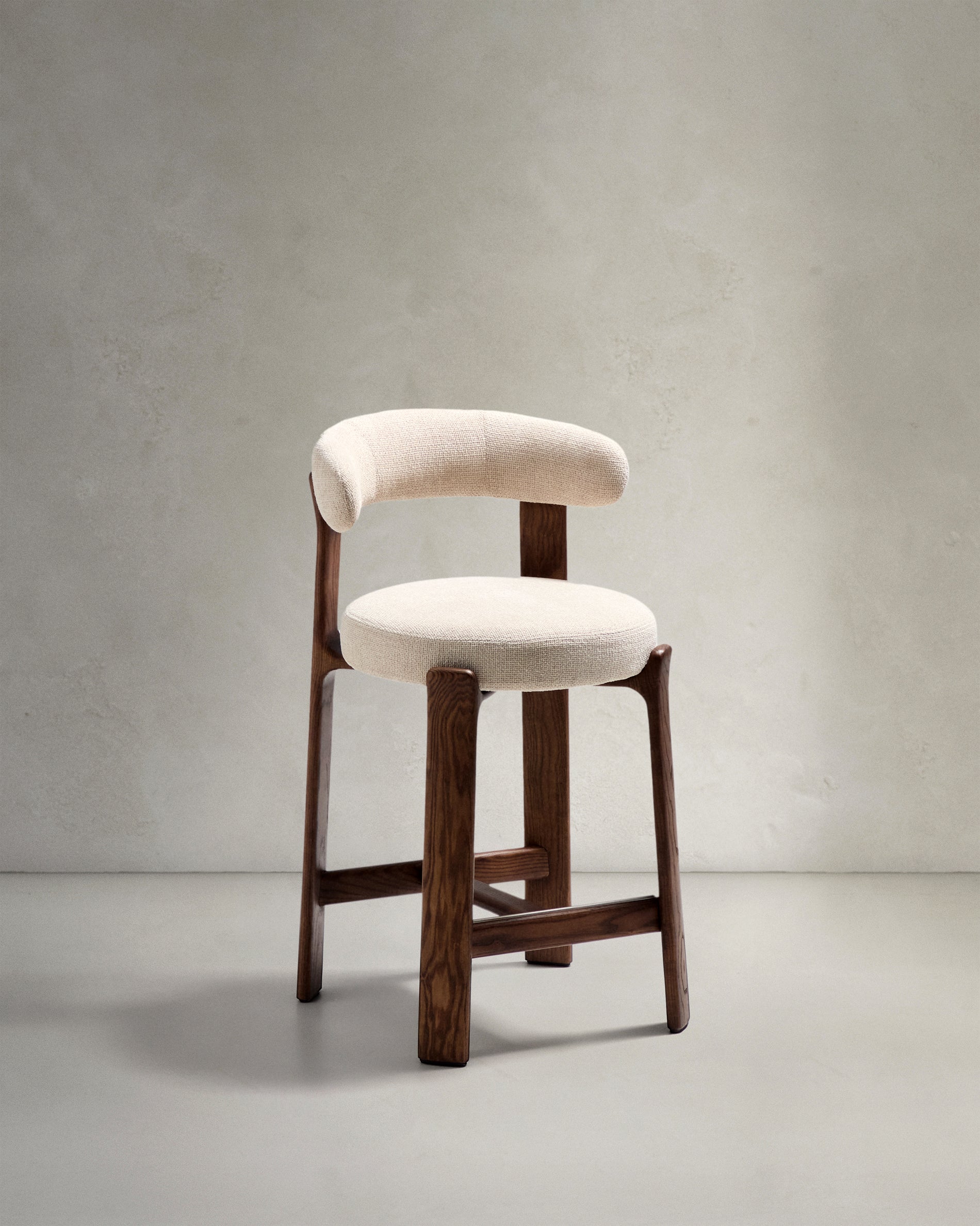 Granite stool in beige chenille and solid ash wood with walnut-coloured finish FSC 100% 65cm - Product View