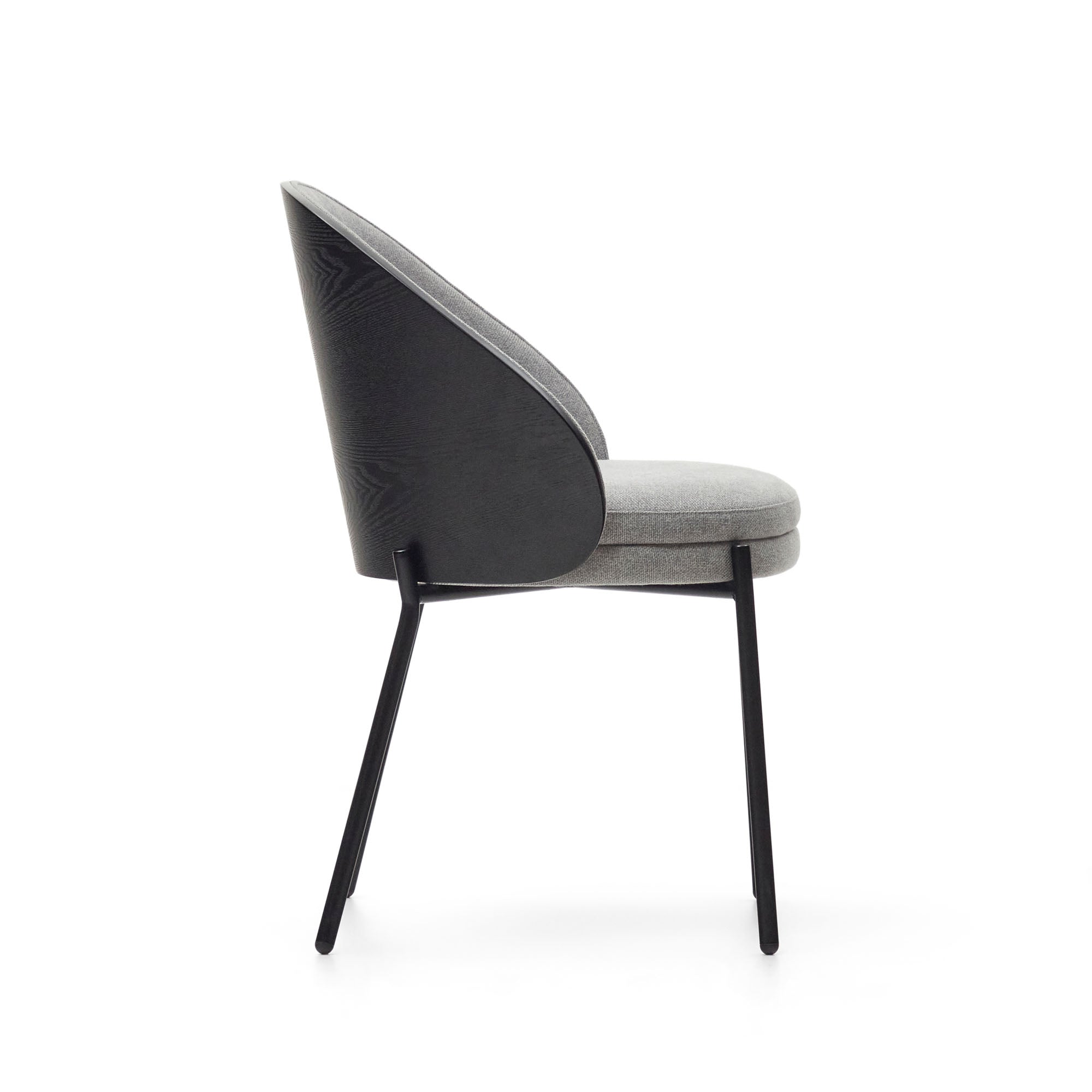 Eamy chair light grey chenilla and ash wood veneer with a black finish and black metal - Product Image