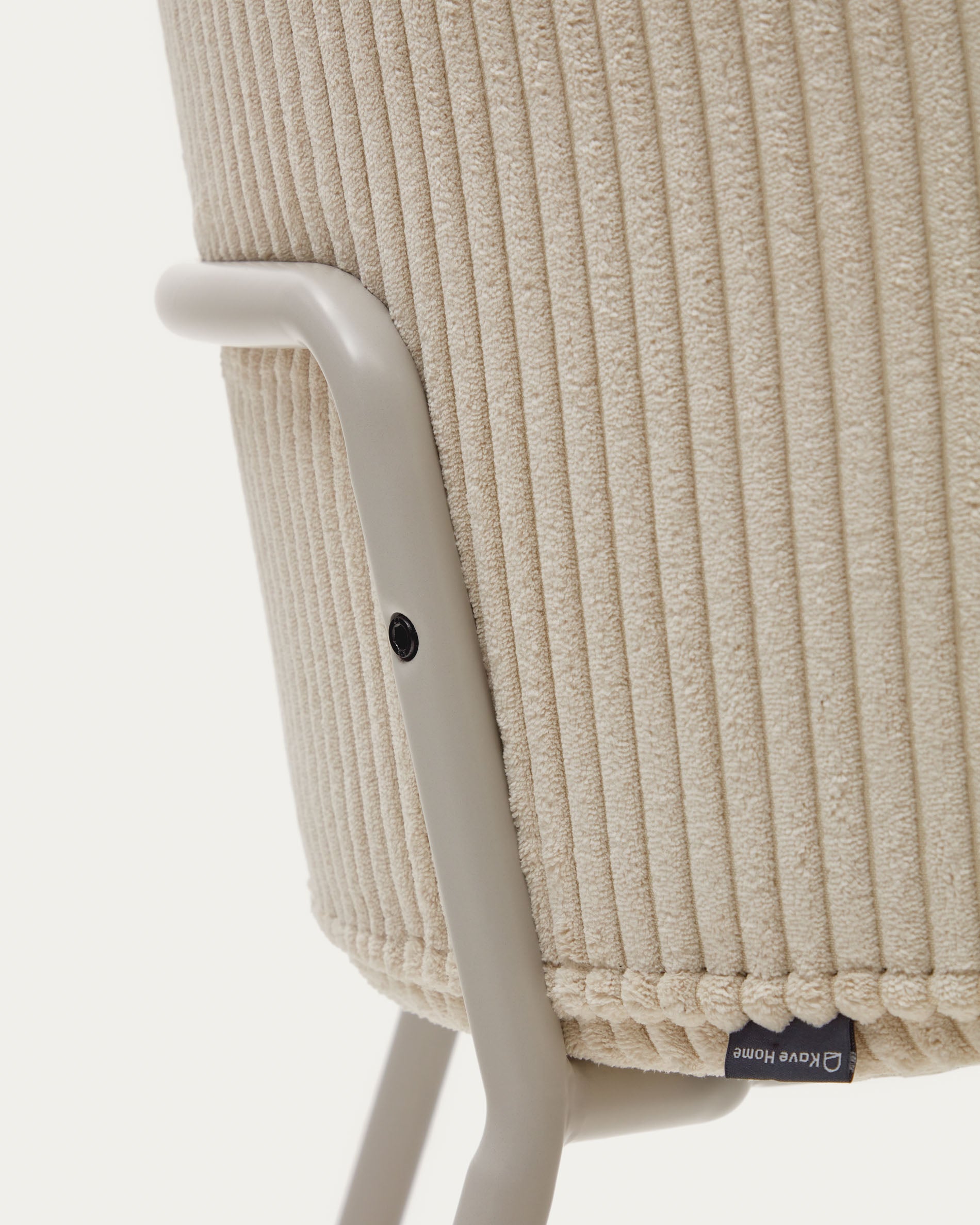 Yunia chair in beige wide seam corduroy with steel legs in a powder coated beige finish FSC 100% - Detail