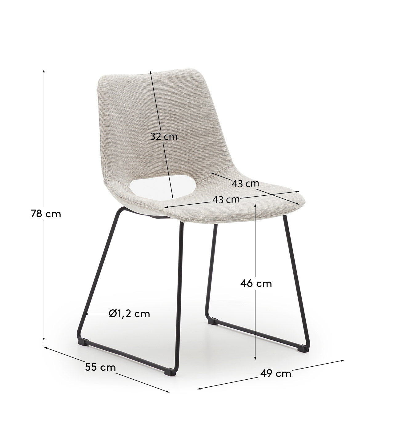 Zahara chair in beige with steel legs in a black finish - Measurements