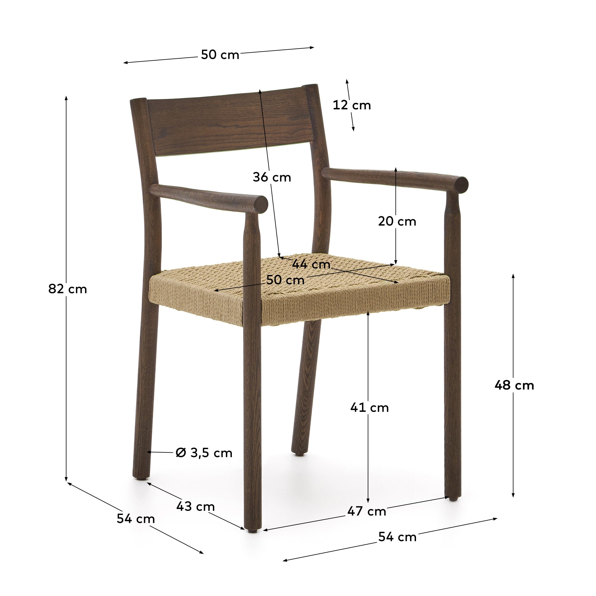 Yalia chair in solid oak with walnut finish and rope seat FSC 100% - Measurements