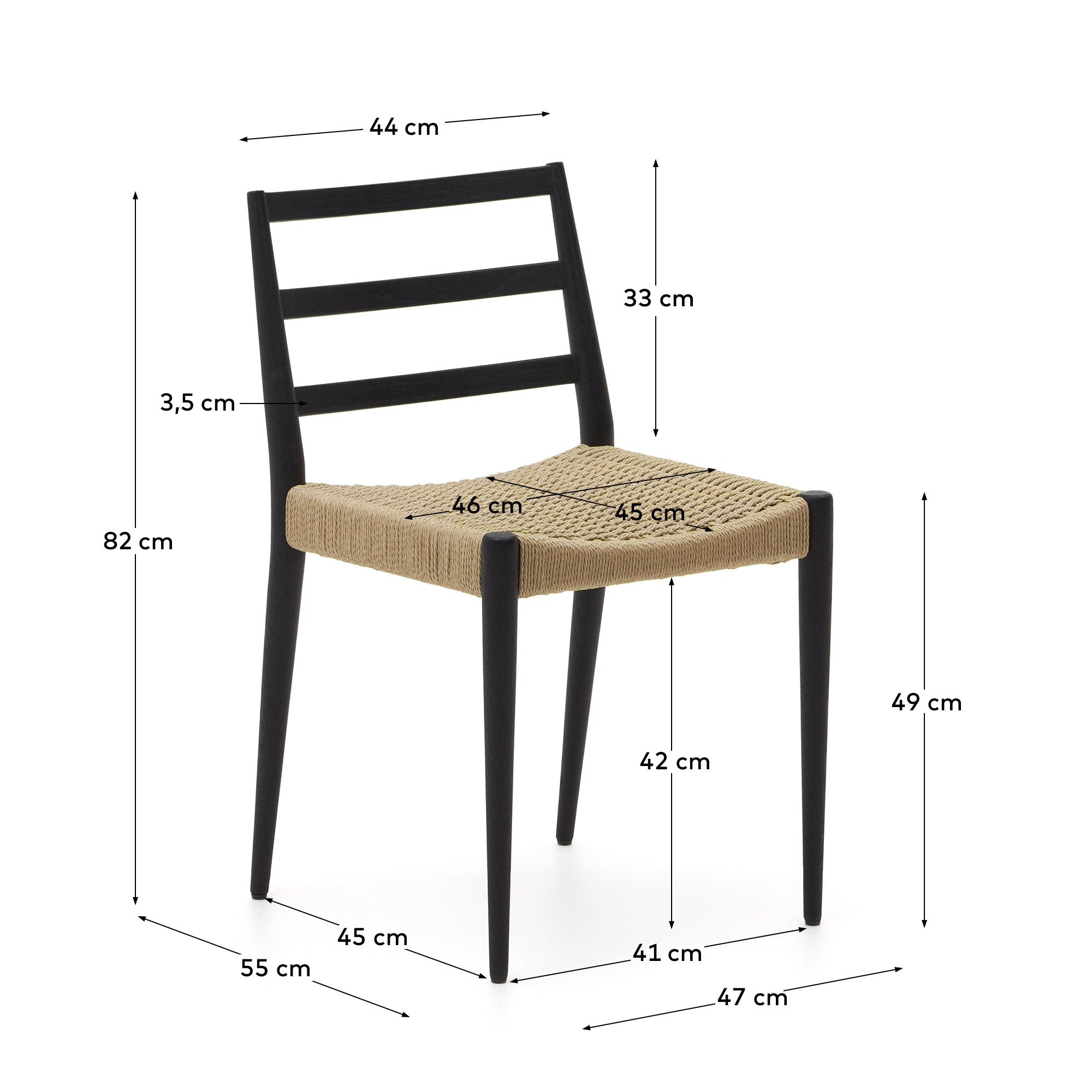 Analy chair in solid oak with black finish and rope seat FSC 100% - Measurements