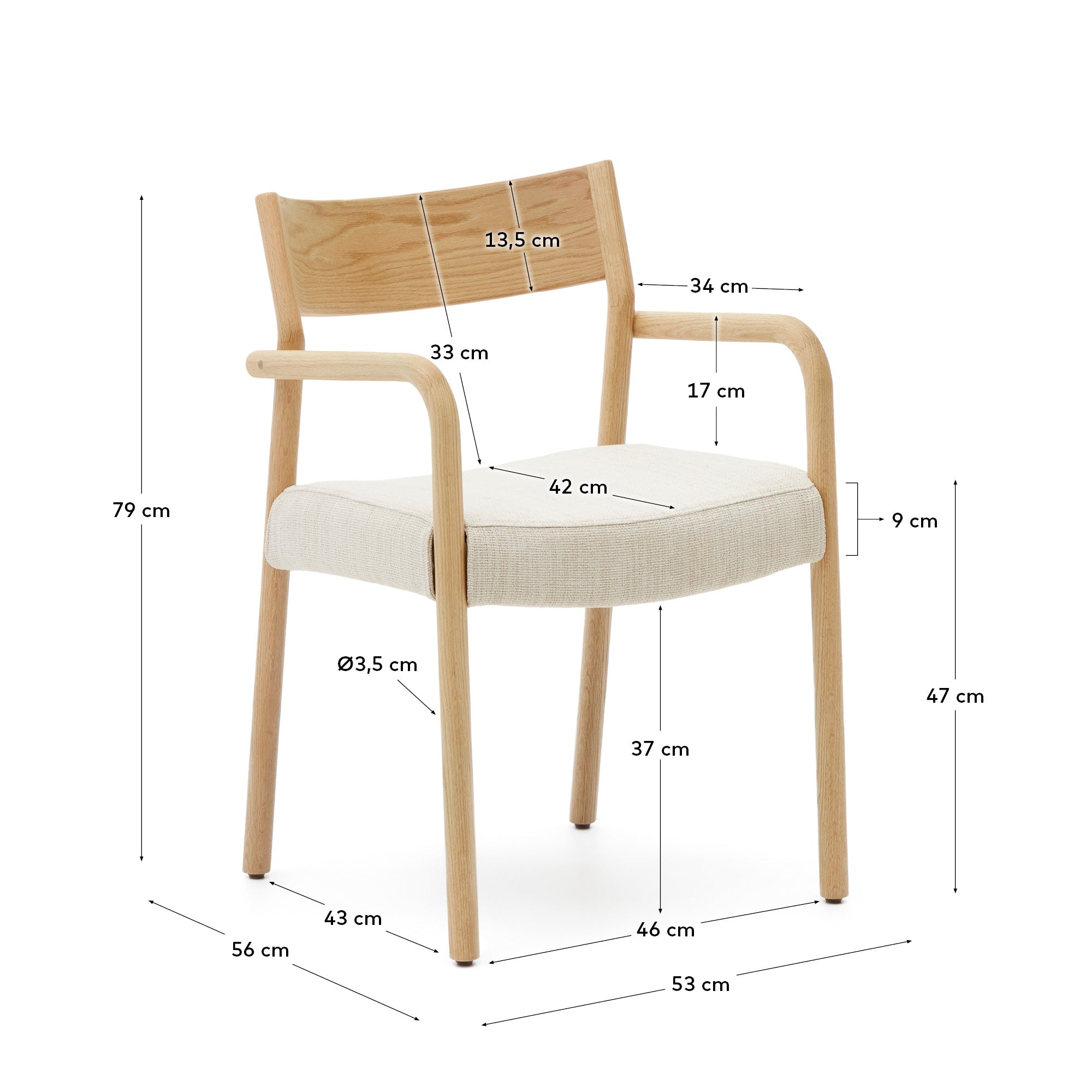 Falconera chair with a removable cover in solid oak wood with natural finish FSC Mix Credit - Measurements