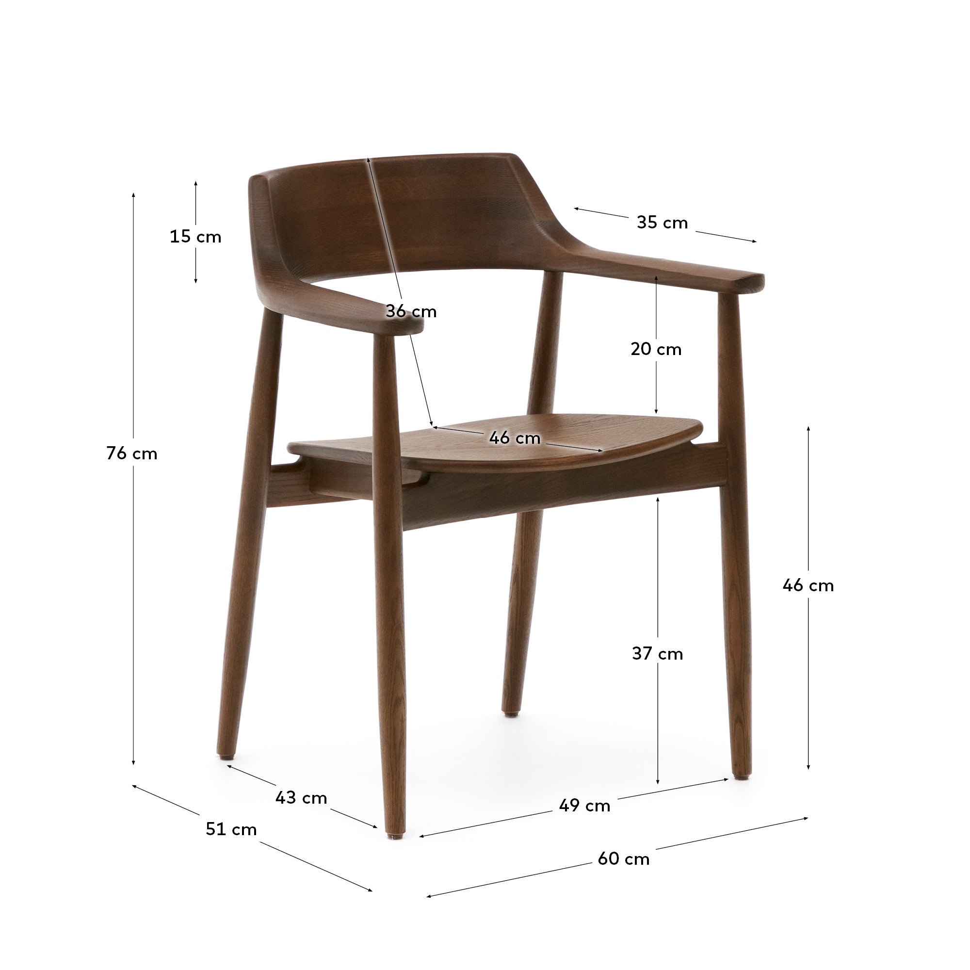 Fondes chair in solid oak wood with walnut finish FSC Mix Credit - Measurements