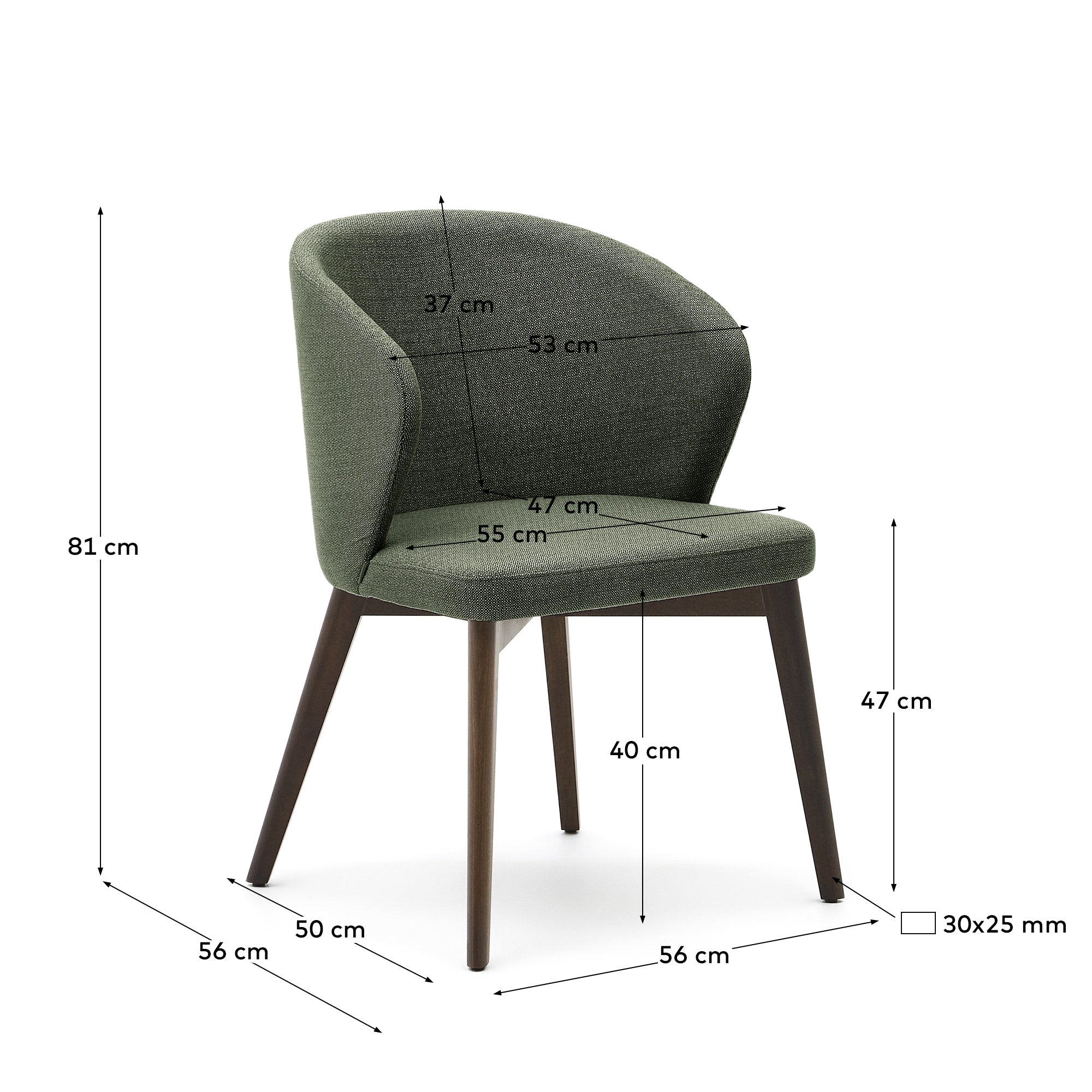 Darice chair in green chenille and solid beech wood in a walnut finish FSC 100% - Measurements