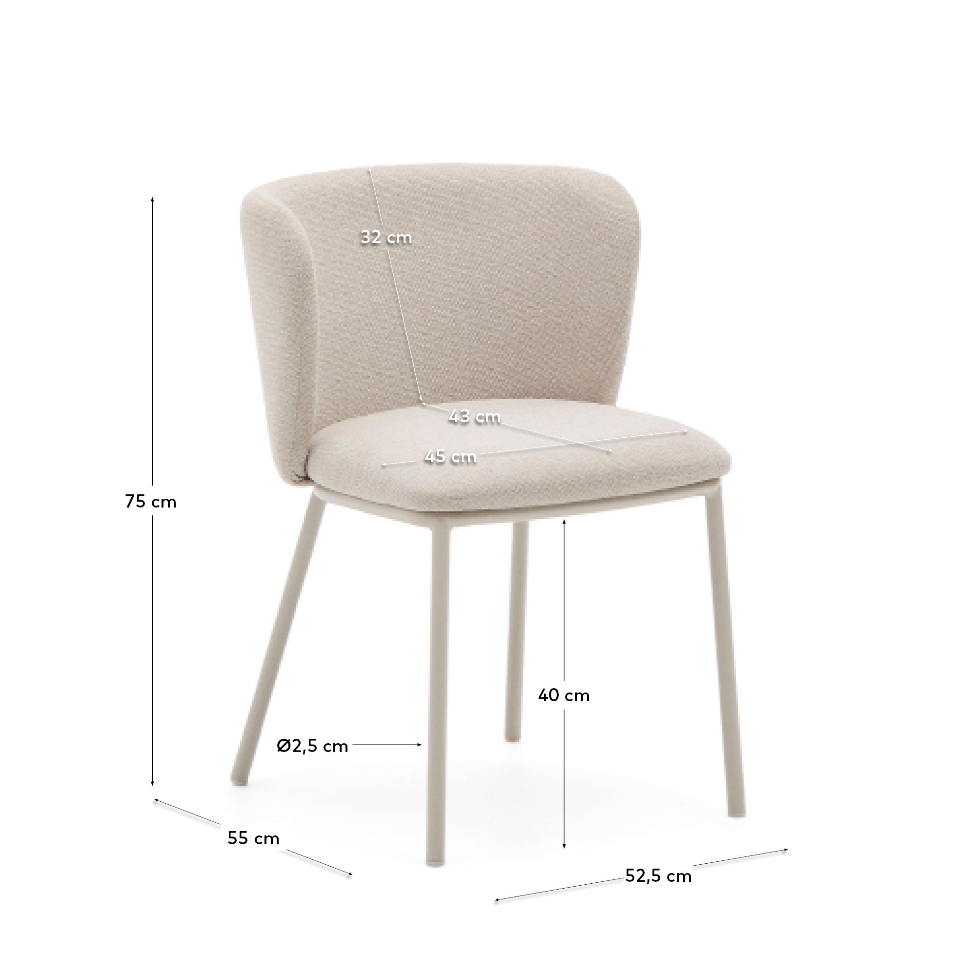 Ciselia chair in beige chenille and beige steel, FSC Mix Credit - Measurements