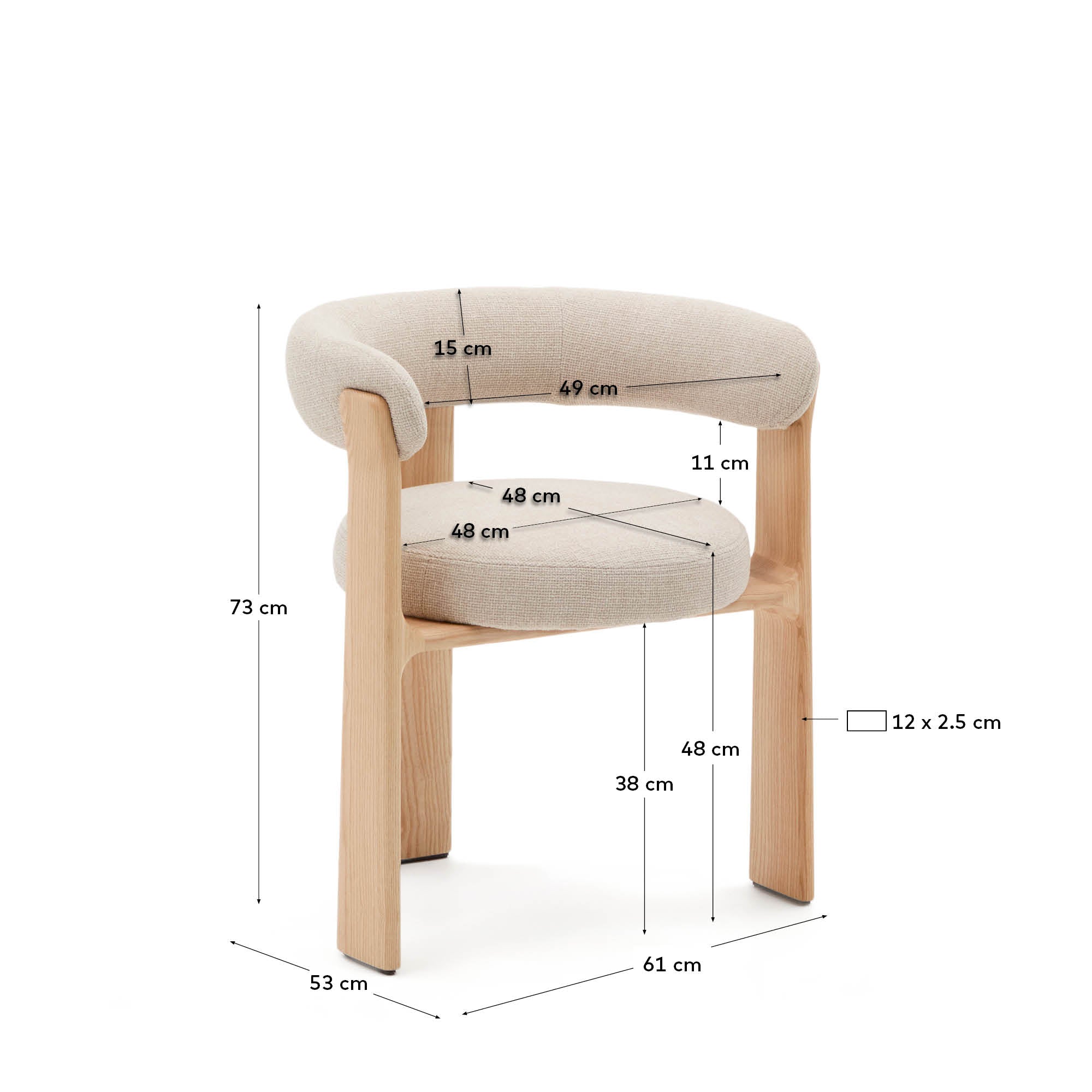 Granite 3-legged chair in beige chenille and solid ash wood in a natural tone finish FSC 100% - Measurements