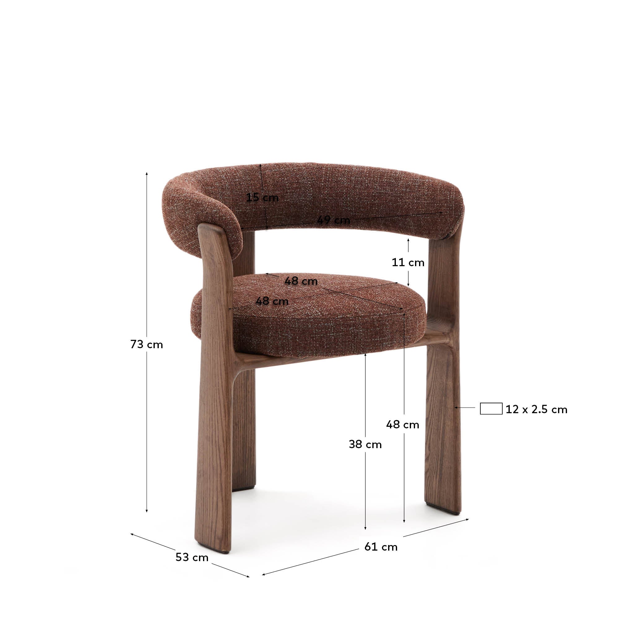Granite 3-legged chair in brown chenille and with solid ash wood in a walnut finish FSC 100% - Measurements