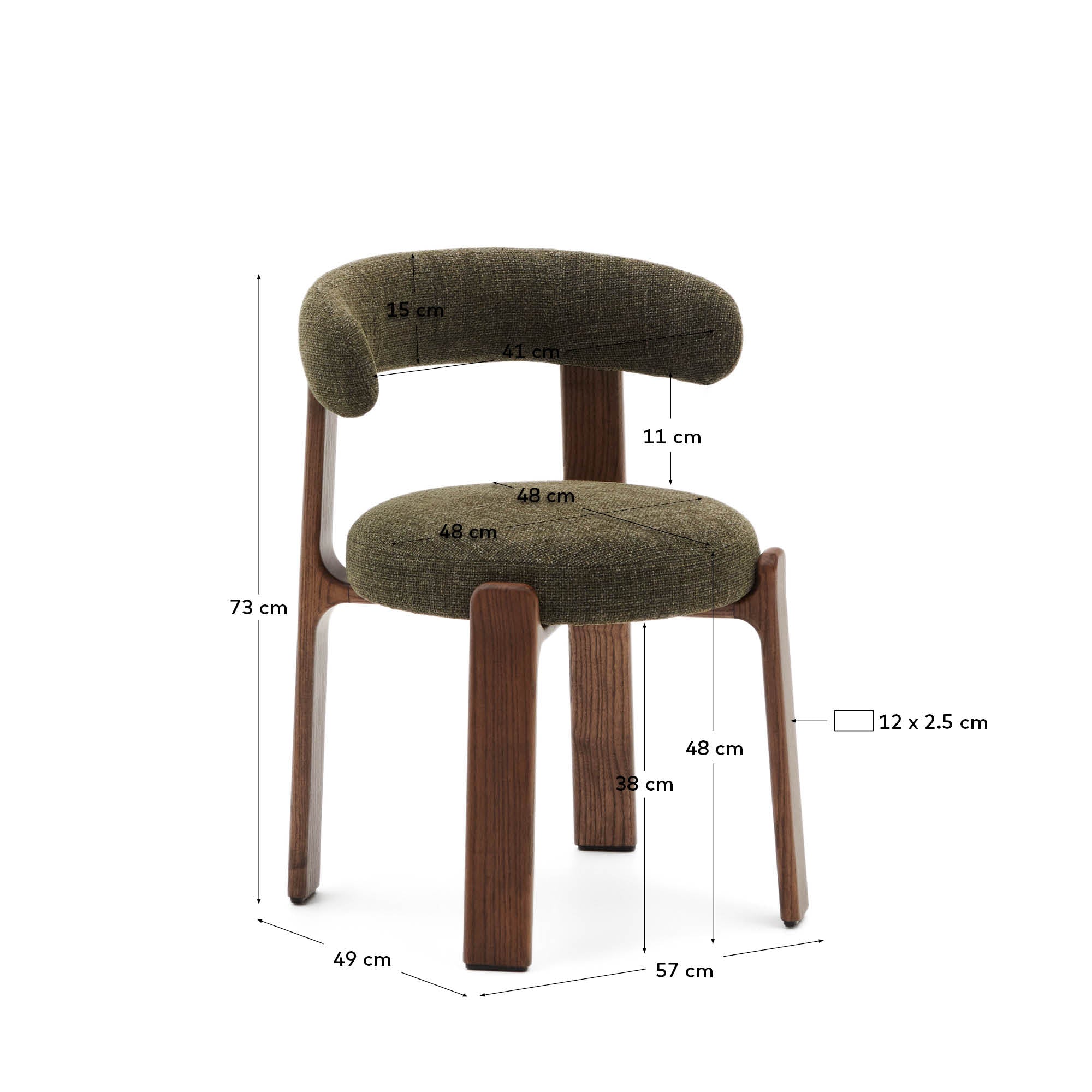 Granite chair in green chenille and with solid ash wood in a walnut finish FSC 100% - Measurements