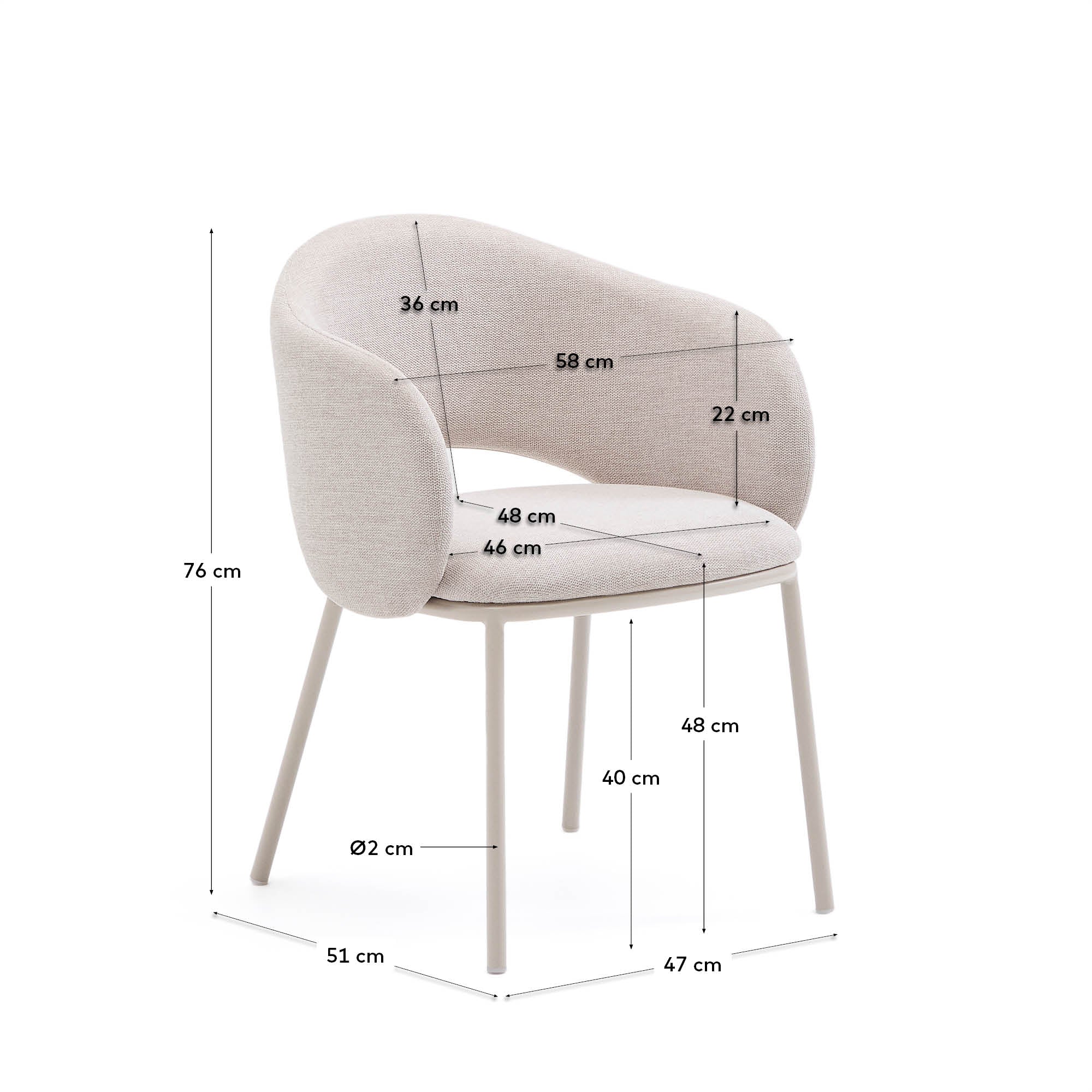 Maina chair in beige and steel legs in a beige finish, FSC Mix Credit - Measurements