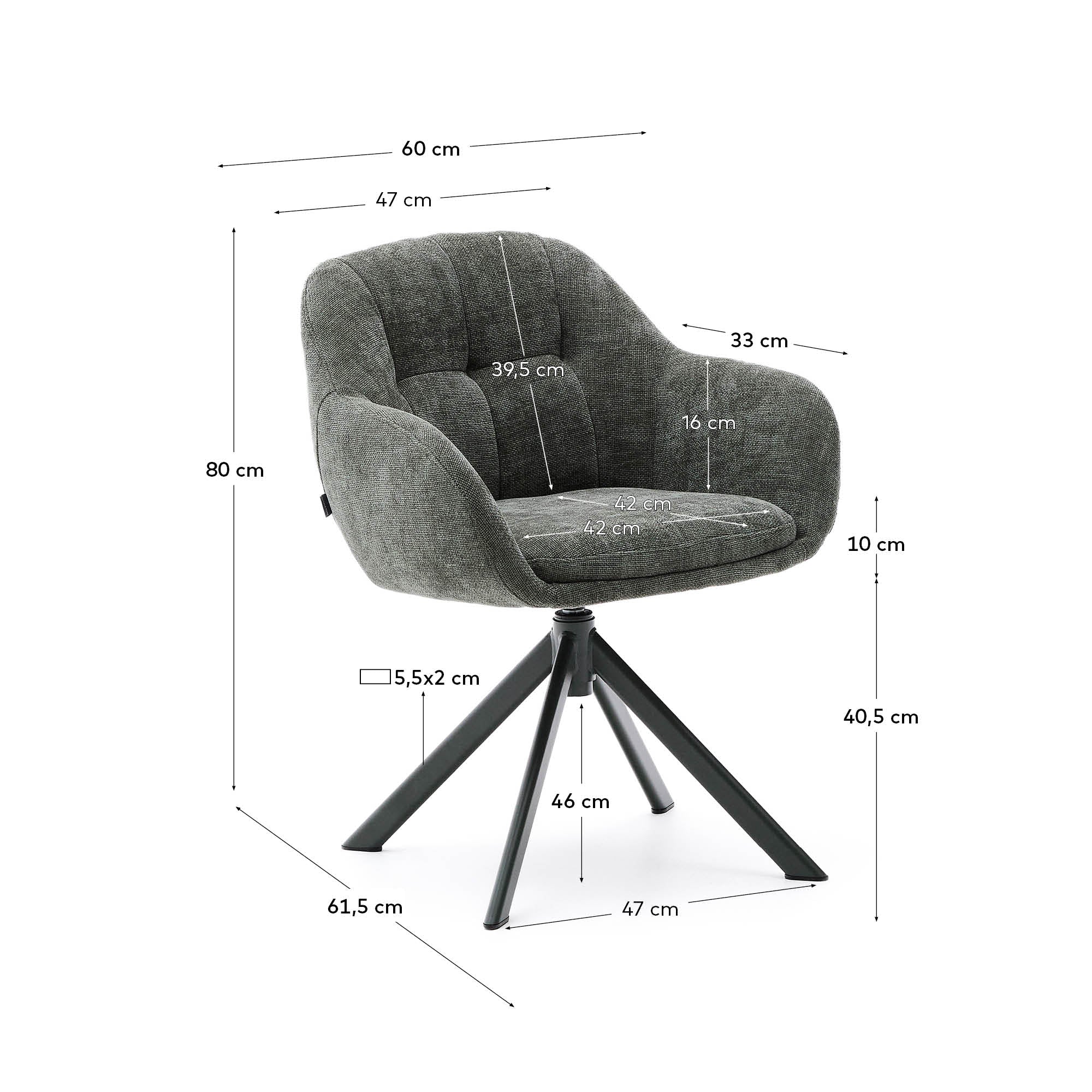 Dorina swivel chair in green chenille and steel legs in a green finish - Measurements