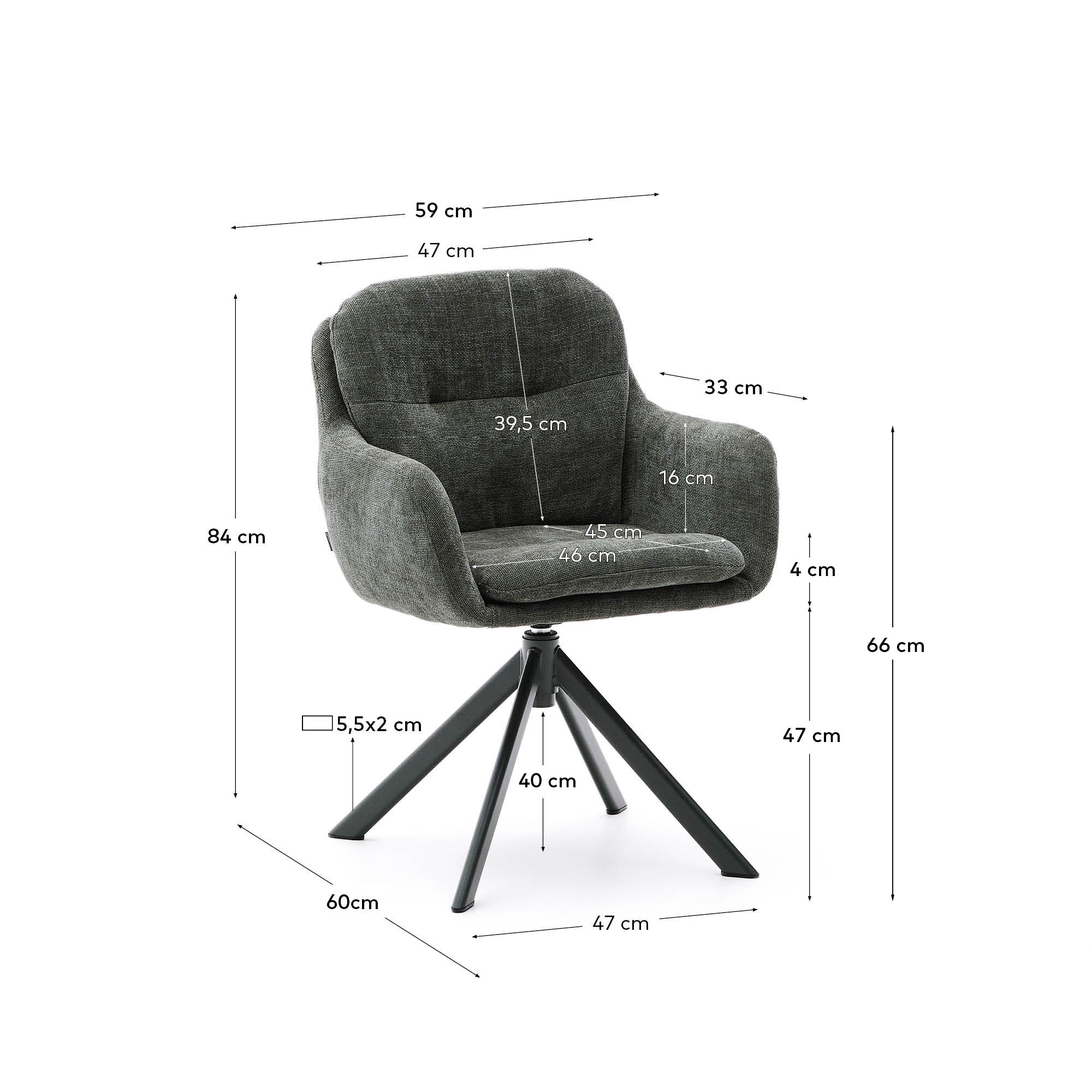 Lexa swivel chair in green chenille and steel legs in a green finish - Measurements