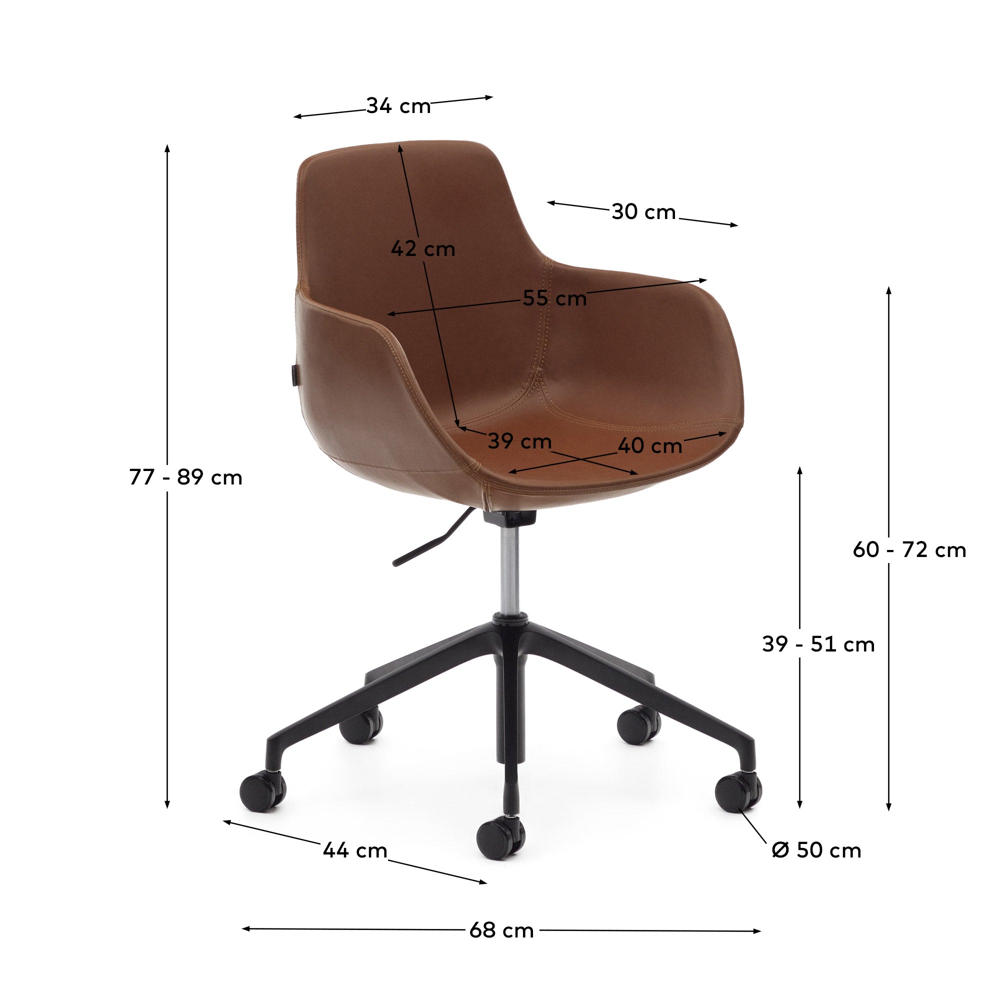 Tissiana desk chair in brown faux leather and aluminium with matte black finish - Measurements