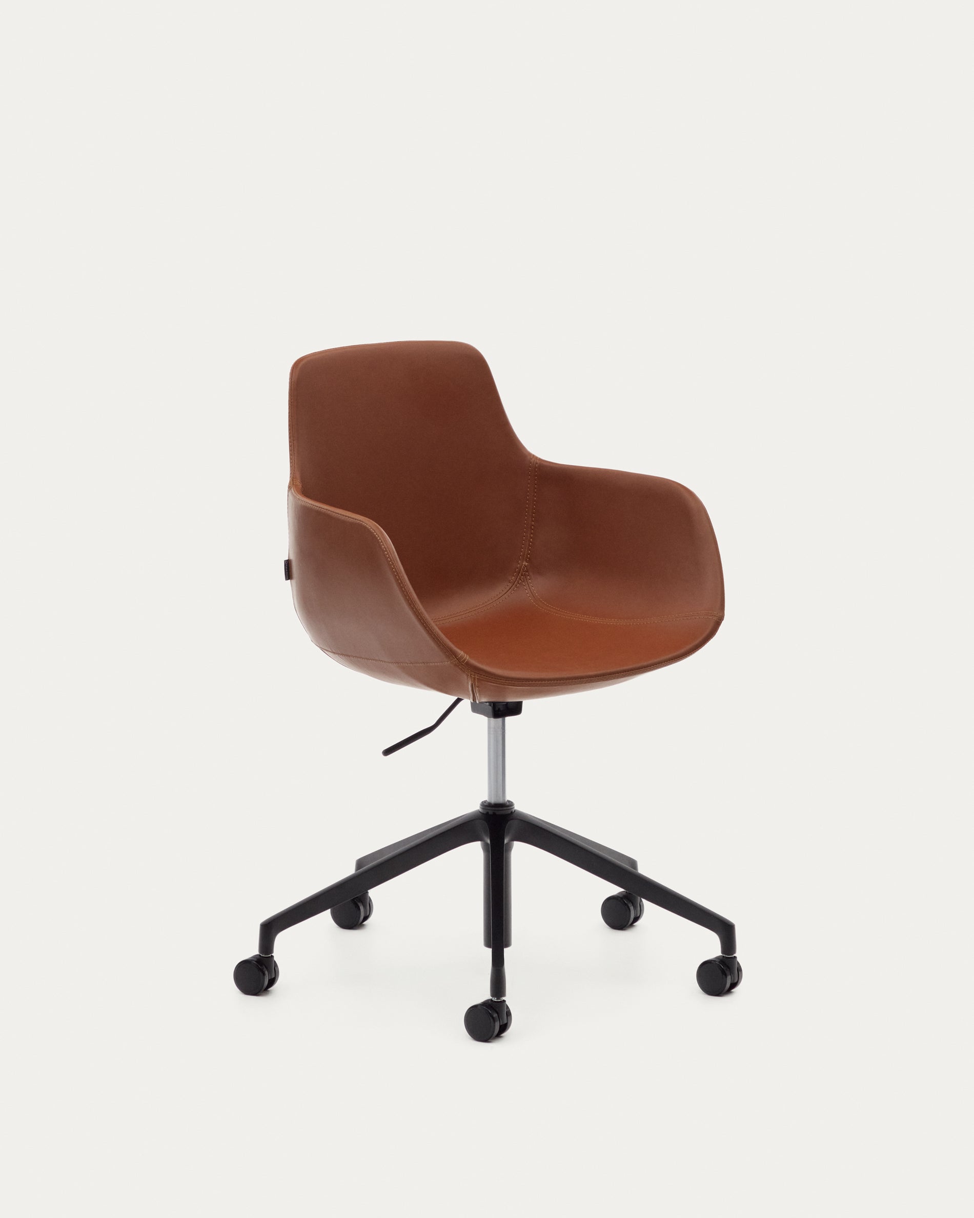 Tissiana desk chair in brown faux leather and aluminium with matte black finish - Product View