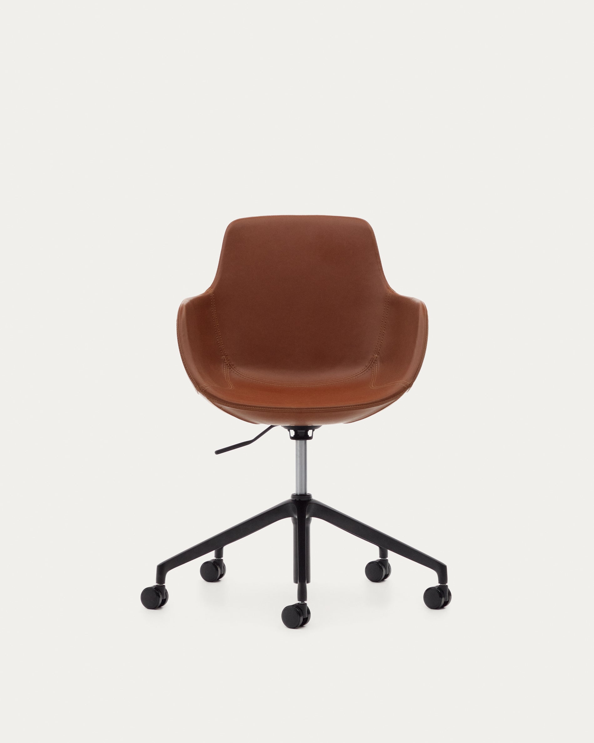 Tissiana desk chair in brown faux leather and aluminium with matte black finish - Product View