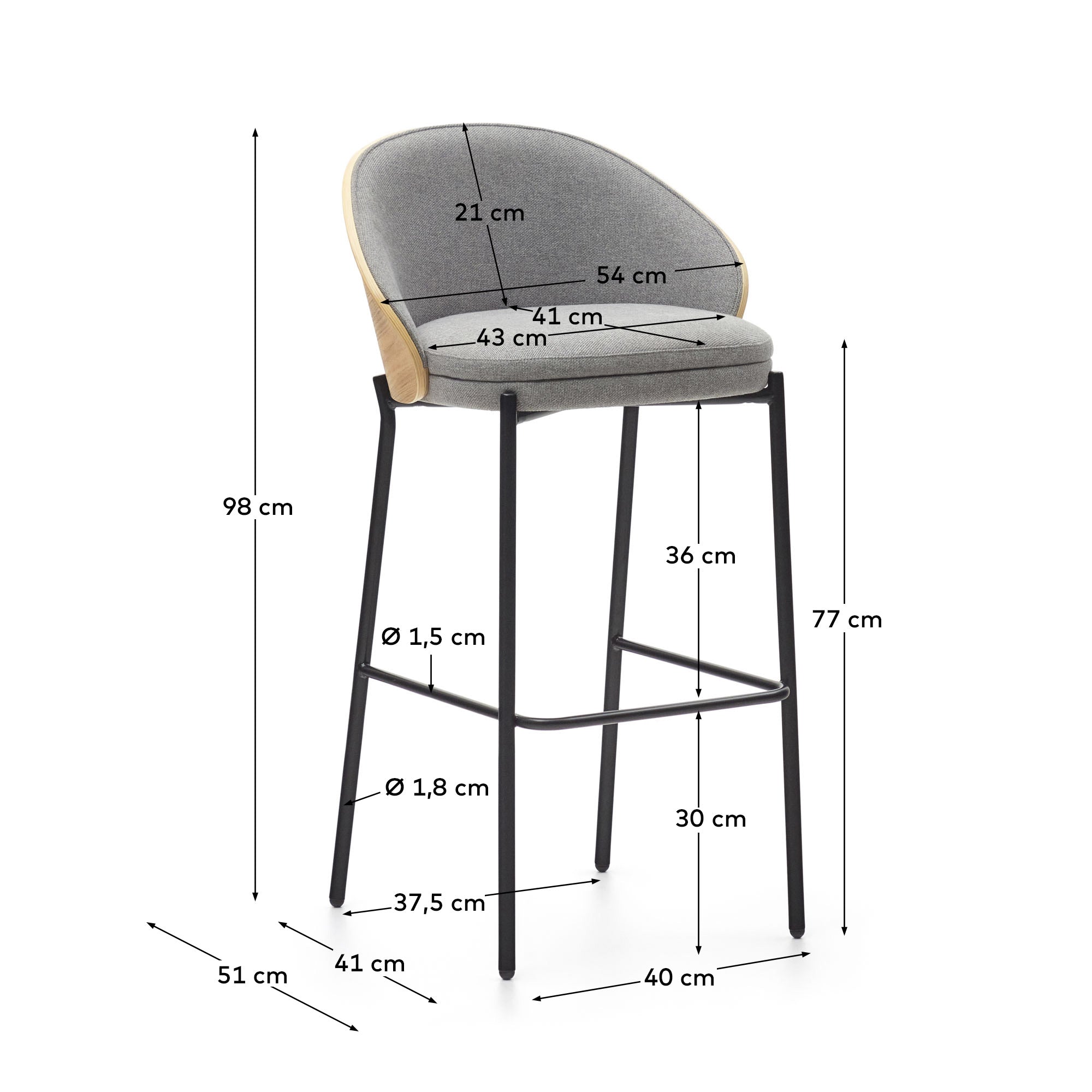 Eamy stool light grey chenille and ash wood veneer with a natural finish and black metal, 77 cm - Measurements