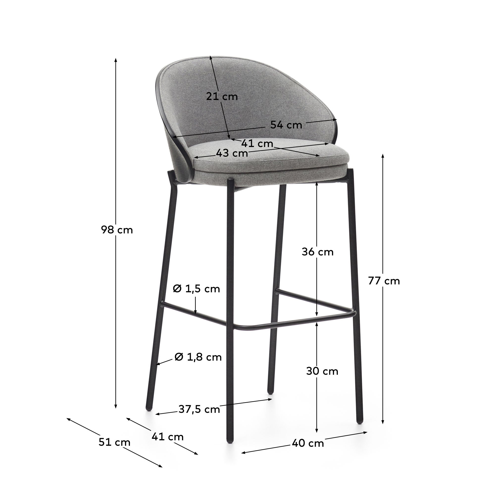 Eamy stool light grey chenille and ash wood veneer with a black finish and black metal, 77 cm - Measurements