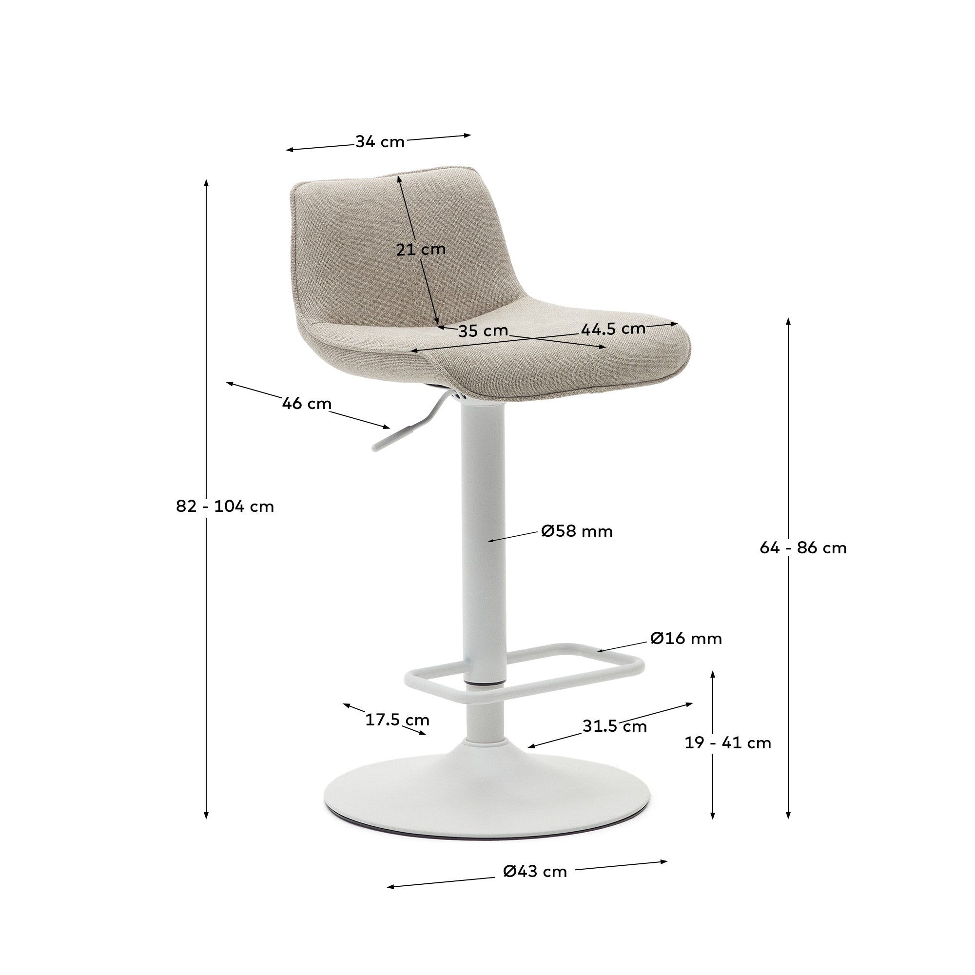 Zenda stool in beige chenille and matt white steel 81-102 cm FSC 100% - Measurements