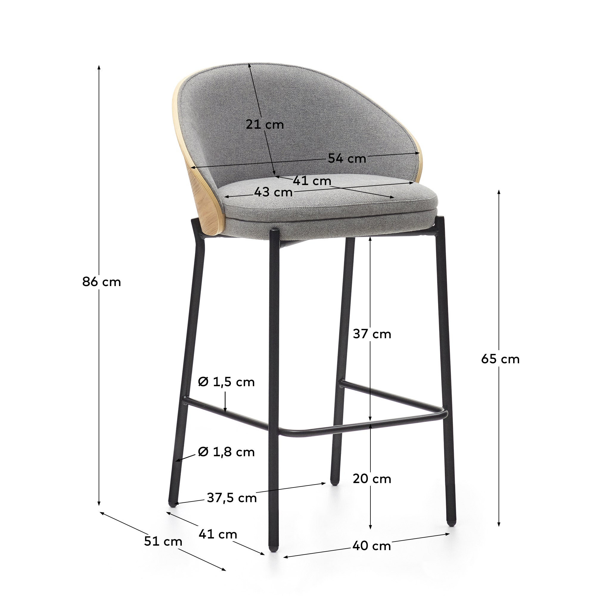 Eamy stool light grey chenille and ash wood veneer with a natural finish and black metal, 65 cm - Measurements
