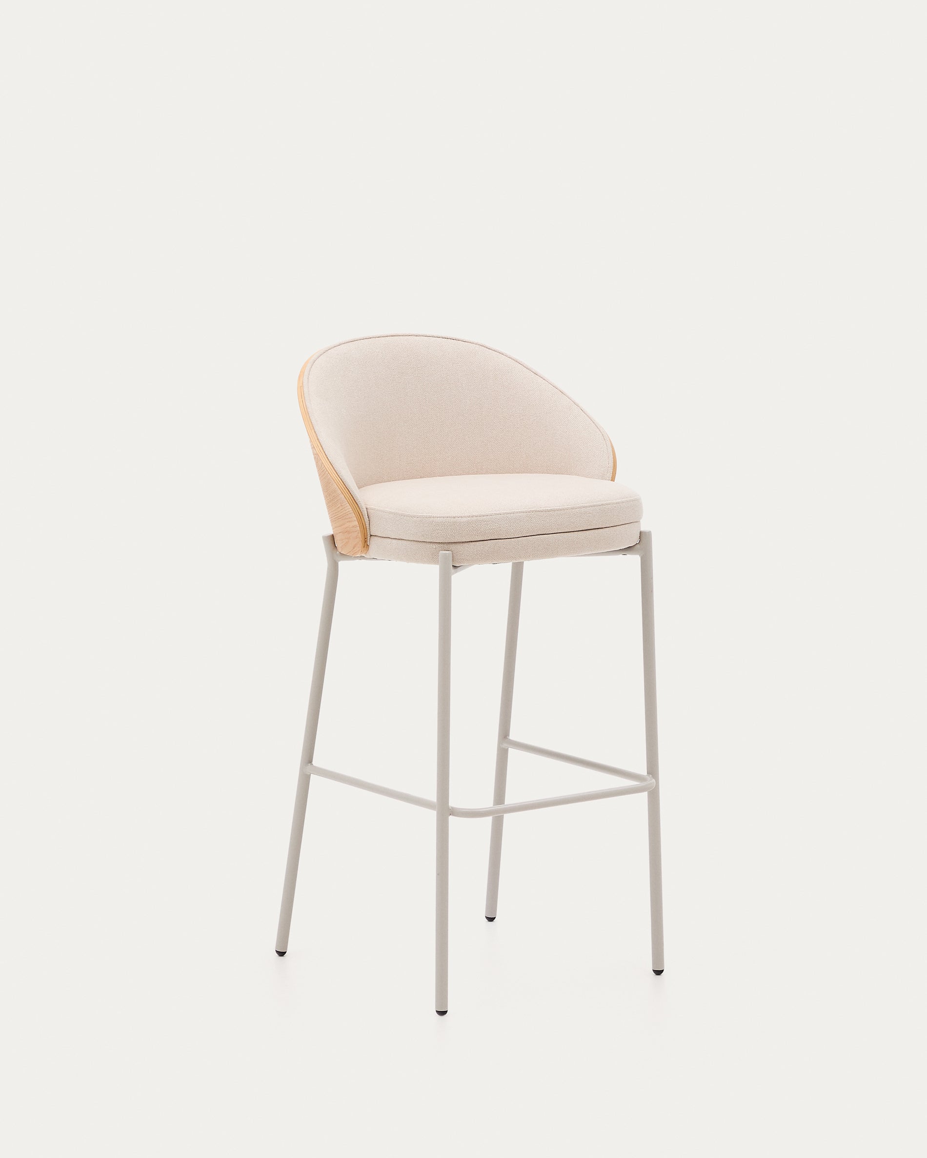 Eamy stool in beige chenille, in a natural finish ash veneer and beige metal and a height of 77 cm - Product View