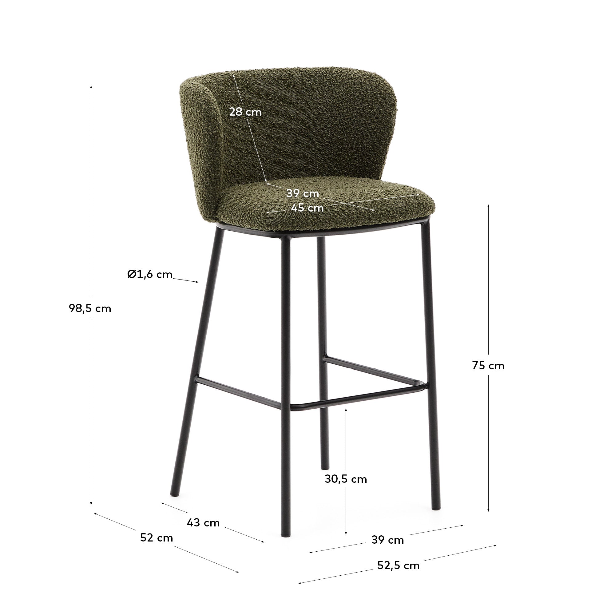 Ciselia stool in green bouclé and black steel, height 75 cm, FSC Mix Credit - Measurements