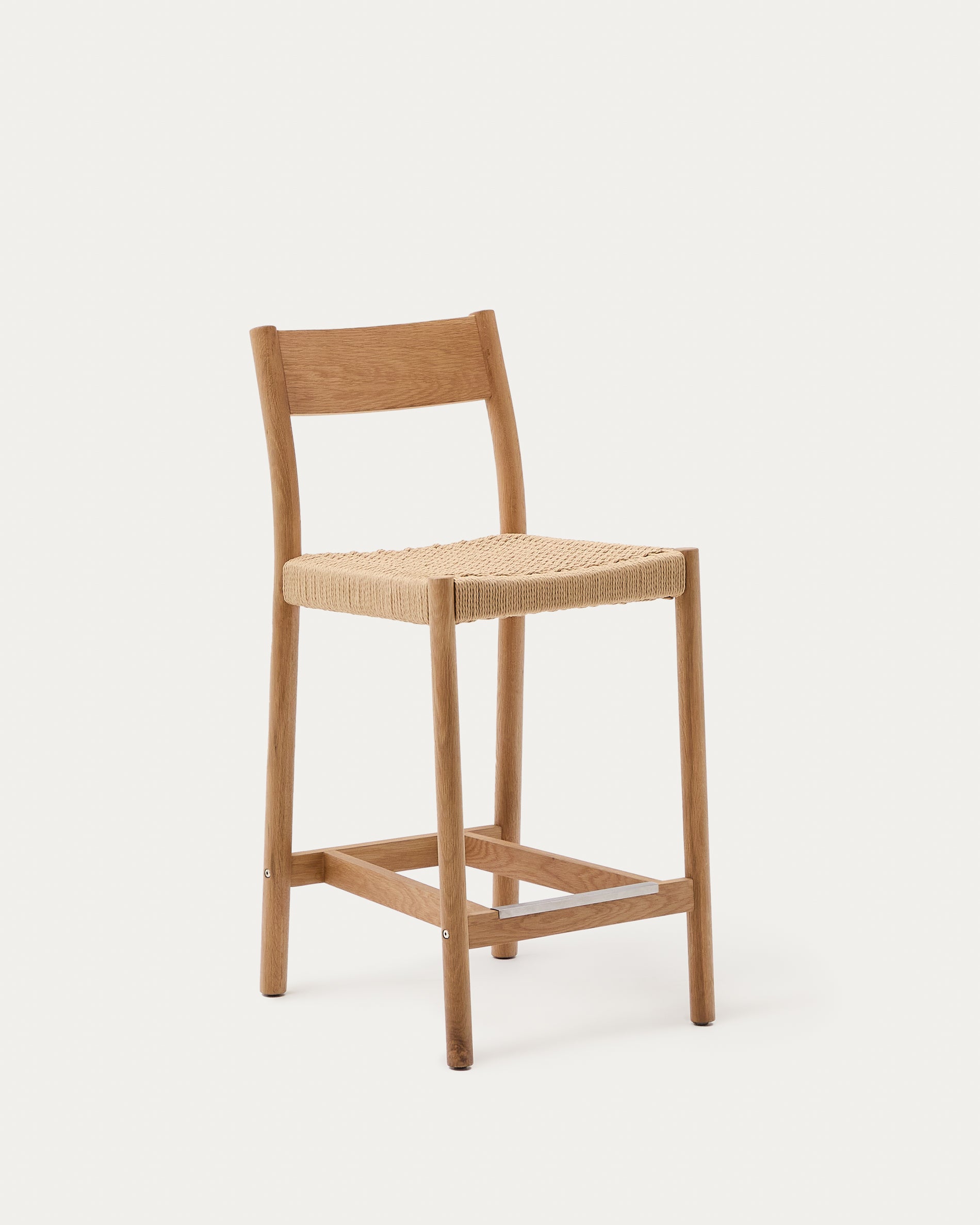 Yalia stool with a backrest in solid oak wood in a natural finish,and rope cord seat, 65 cm FSC 100% - Product View