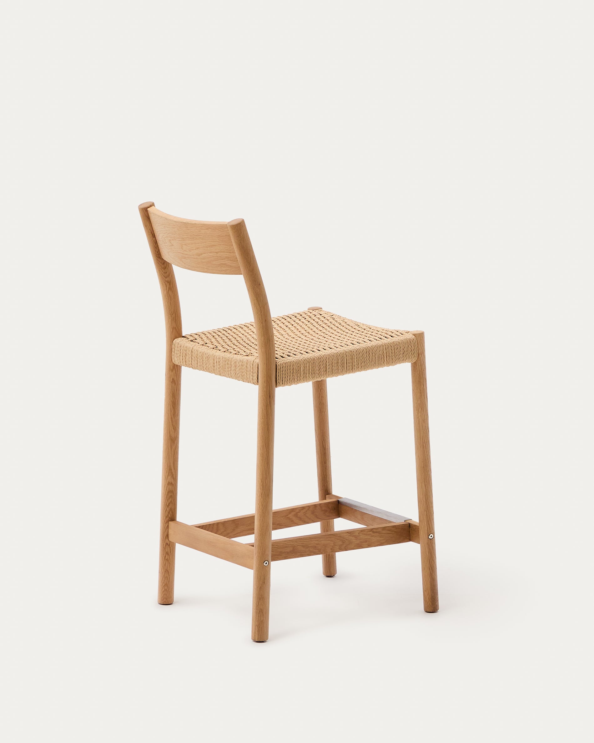 Yalia stool with a backrest in solid oak wood in a natural finish,and rope cord seat, 65 cm FSC 100% - Product View