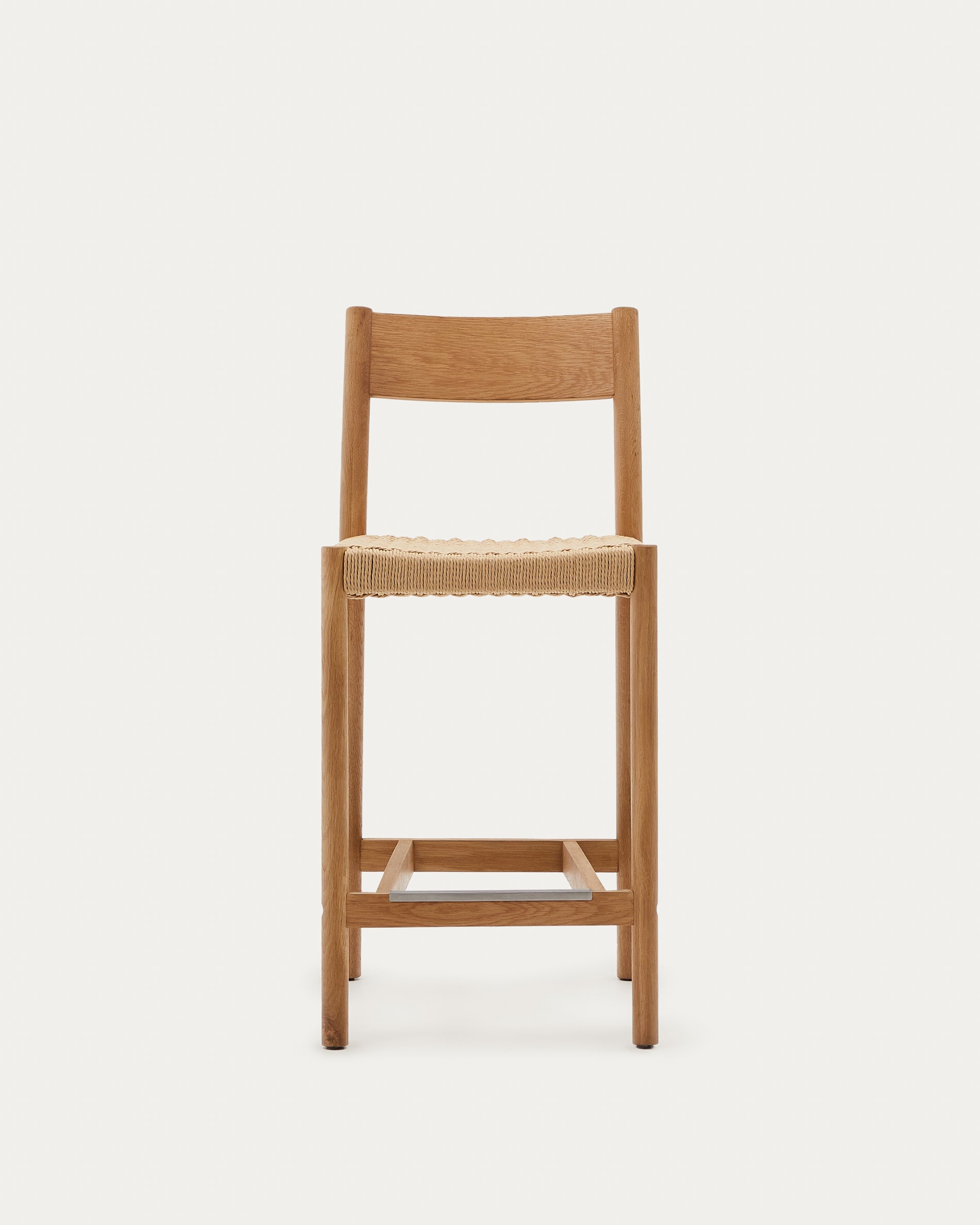 Yalia stool with a backrest in solid oak wood in a natural finish,and rope cord seat, 65 cm FSC 100% - Product View