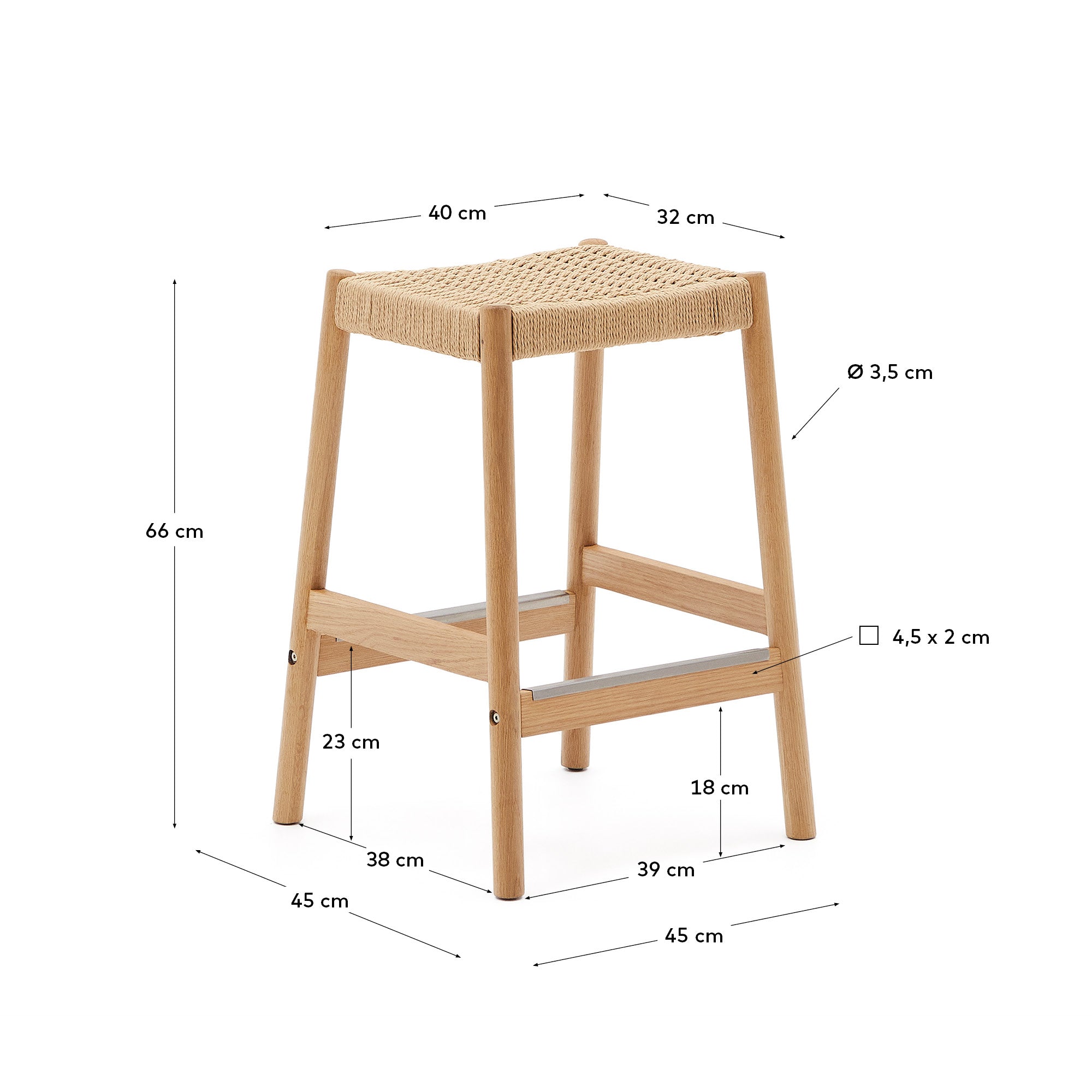 Yalia stool in solid oak wood in a natural finish and rope cord, height 65 cm FSC 100% - Measurements