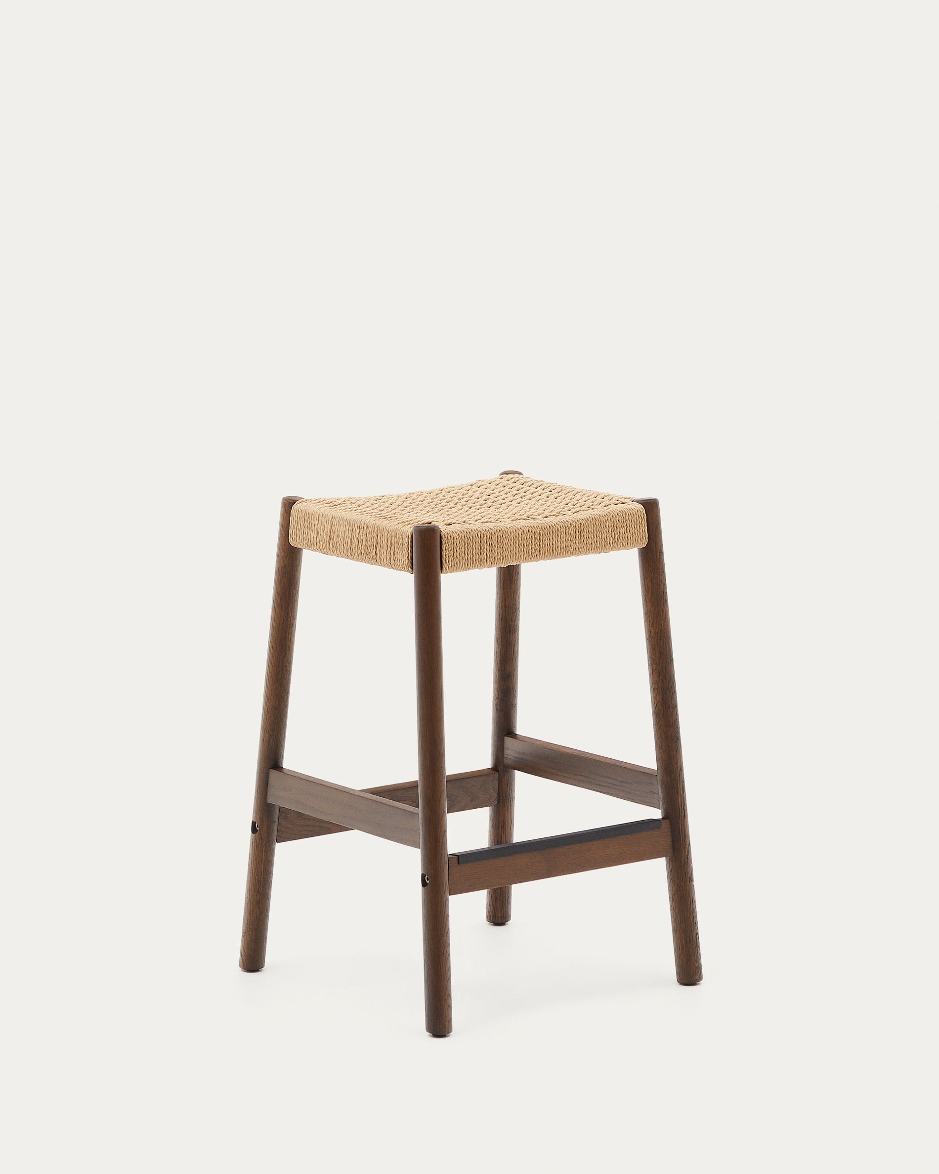 Yalia stool in solid oak wood in a walnut finish and rope cord, height 65 cm FSC 100% - Product View