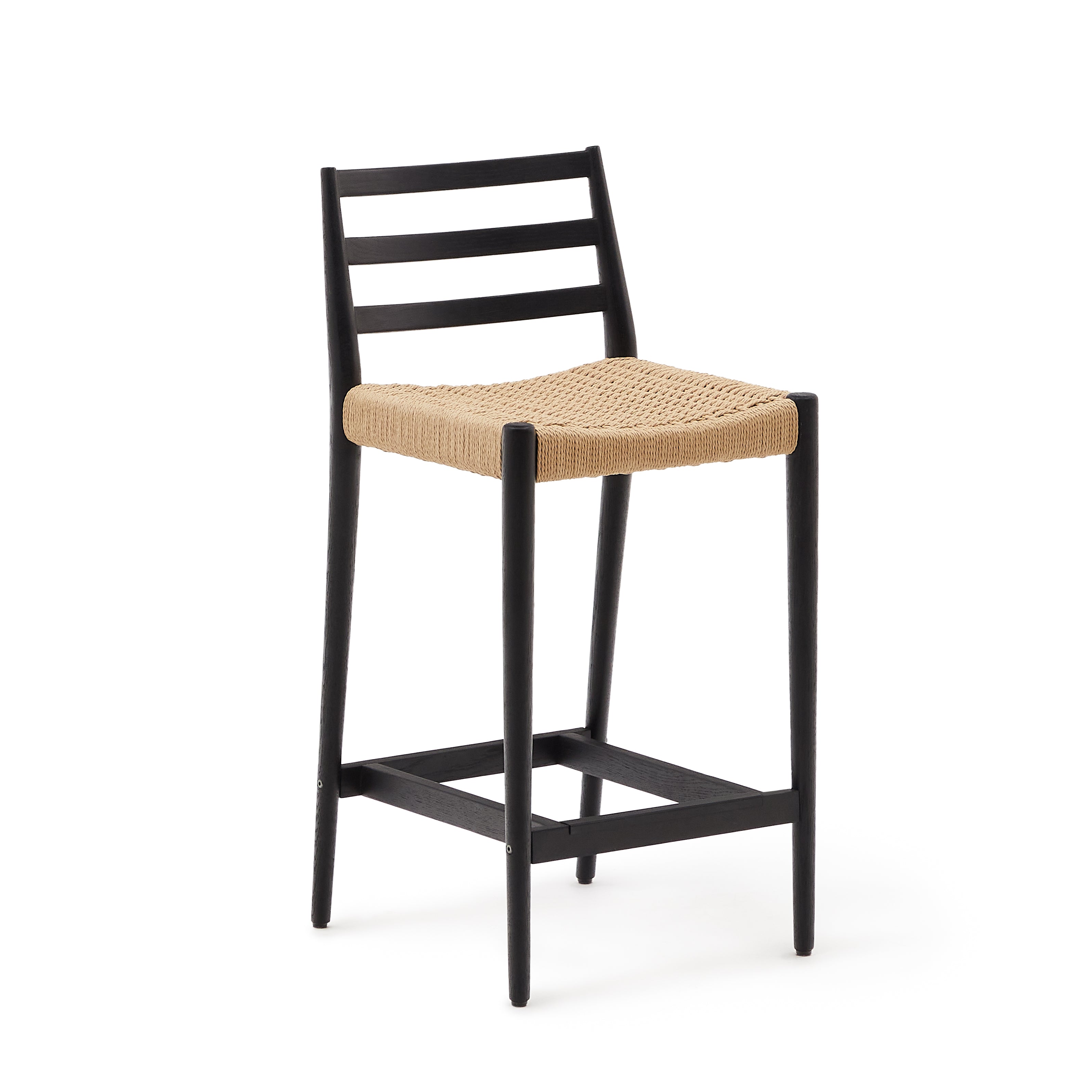 Analy stool with a backrest in solid oak wood in a black finish and rope cord seat, 70 cm, FSC 100%