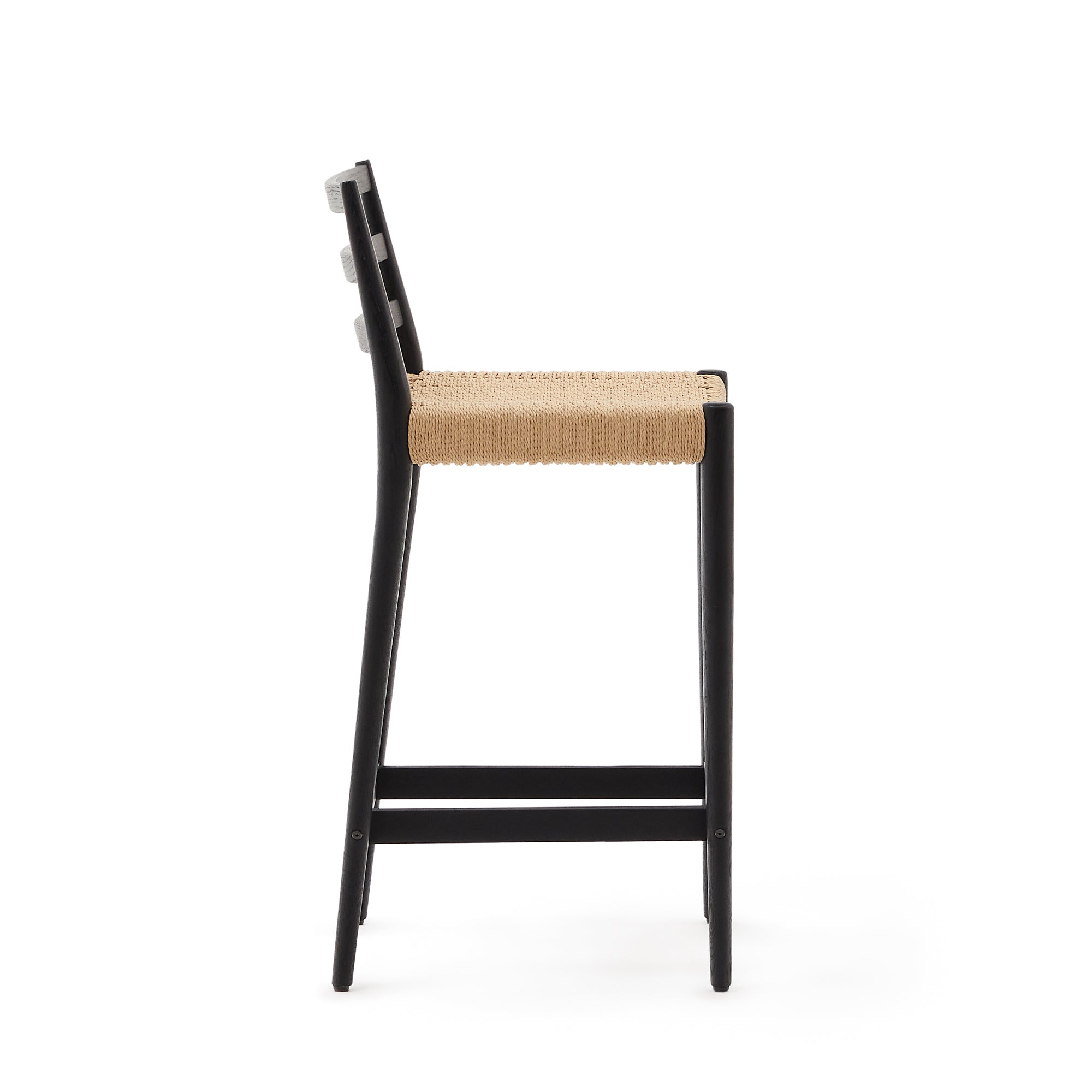 Analy stool with a backrest in solid oak wood in a black finish and rope cord seat, 70 cm, FSC 100%