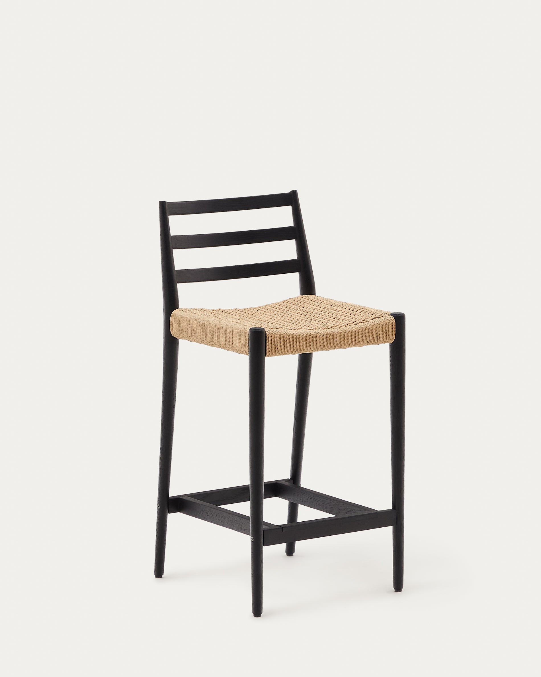 Analy stool with a backrest in solid oak wood in a black finish and rope cord seat, 70 cm, FSC 100% - Product View