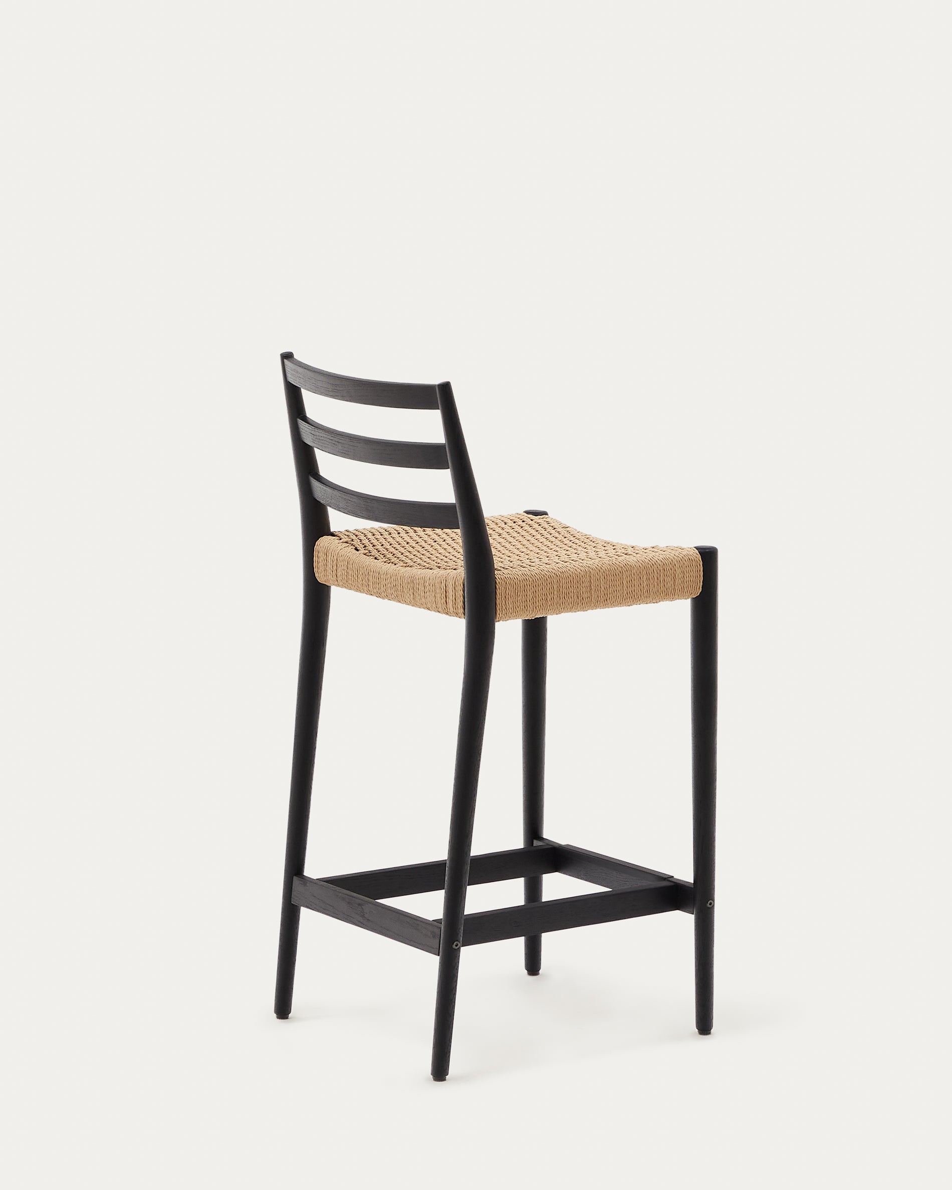 Analy stool with a backrest in solid oak wood in a black finish and rope cord seat, 70 cm, FSC 100% - Product View