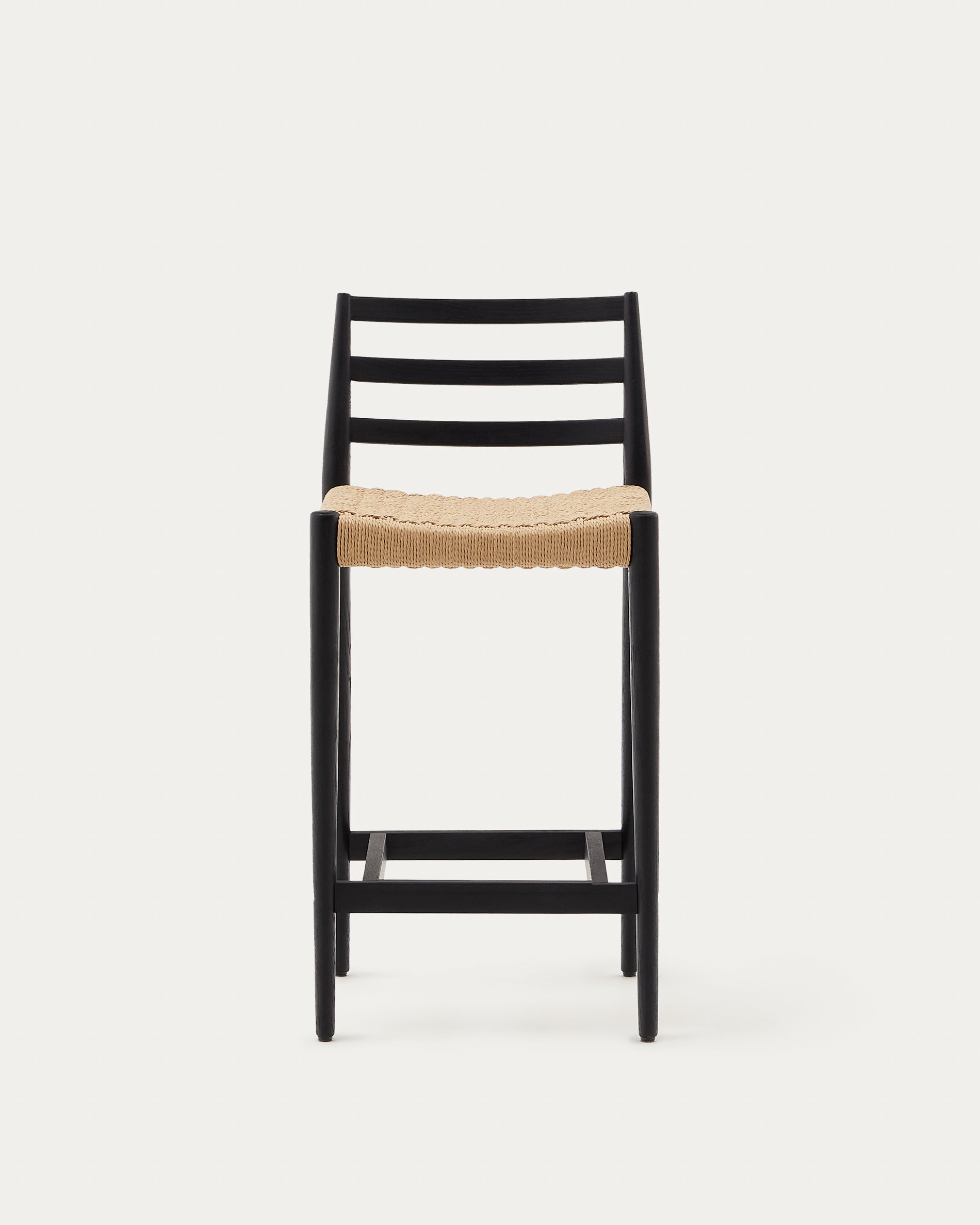 Analy stool with a backrest in solid oak wood in a black finish and rope cord seat, 70 cm, FSC 100% - Product View