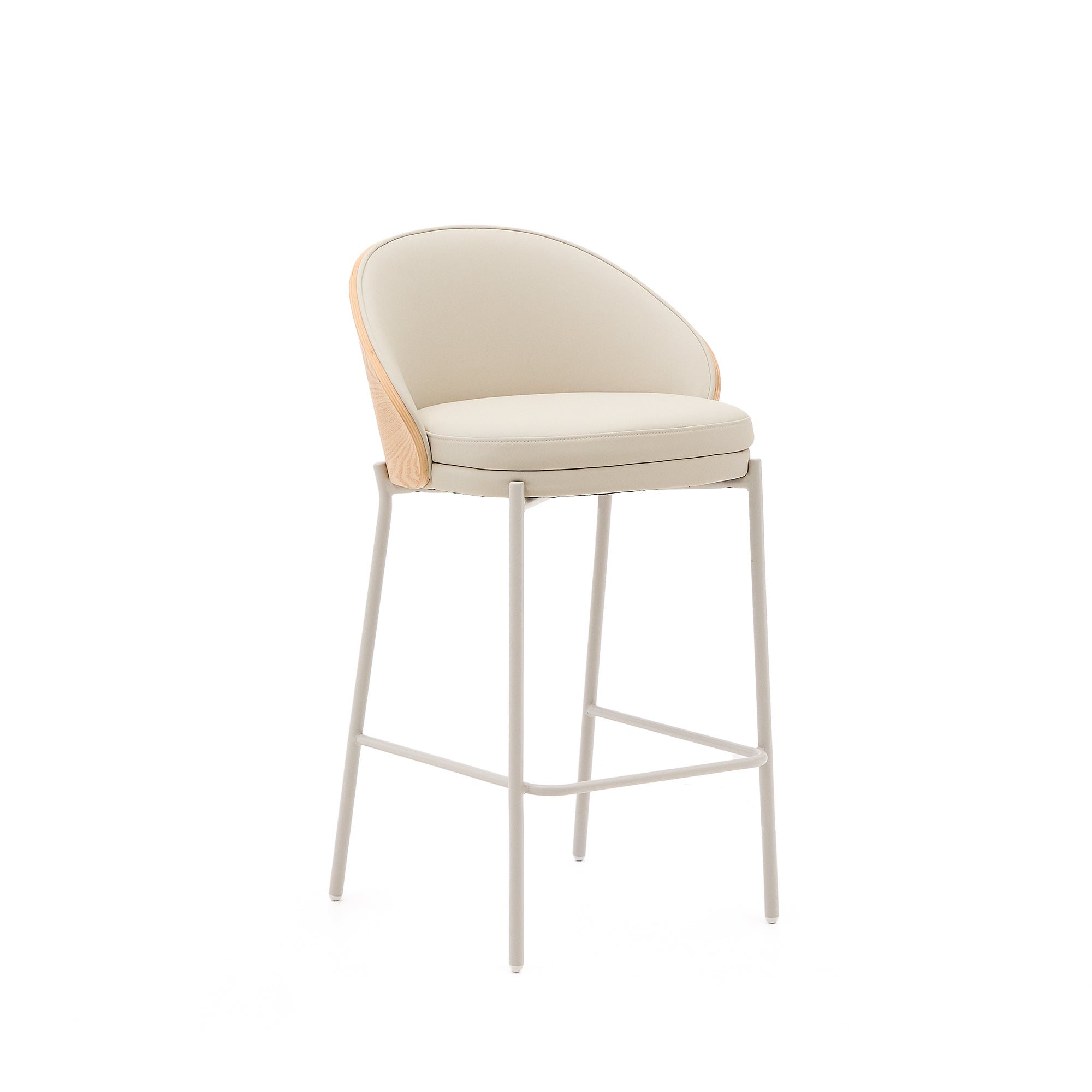 Eamy stool in beige faux leather, natural finish ash veneer and beige metal 65cm - Product Image