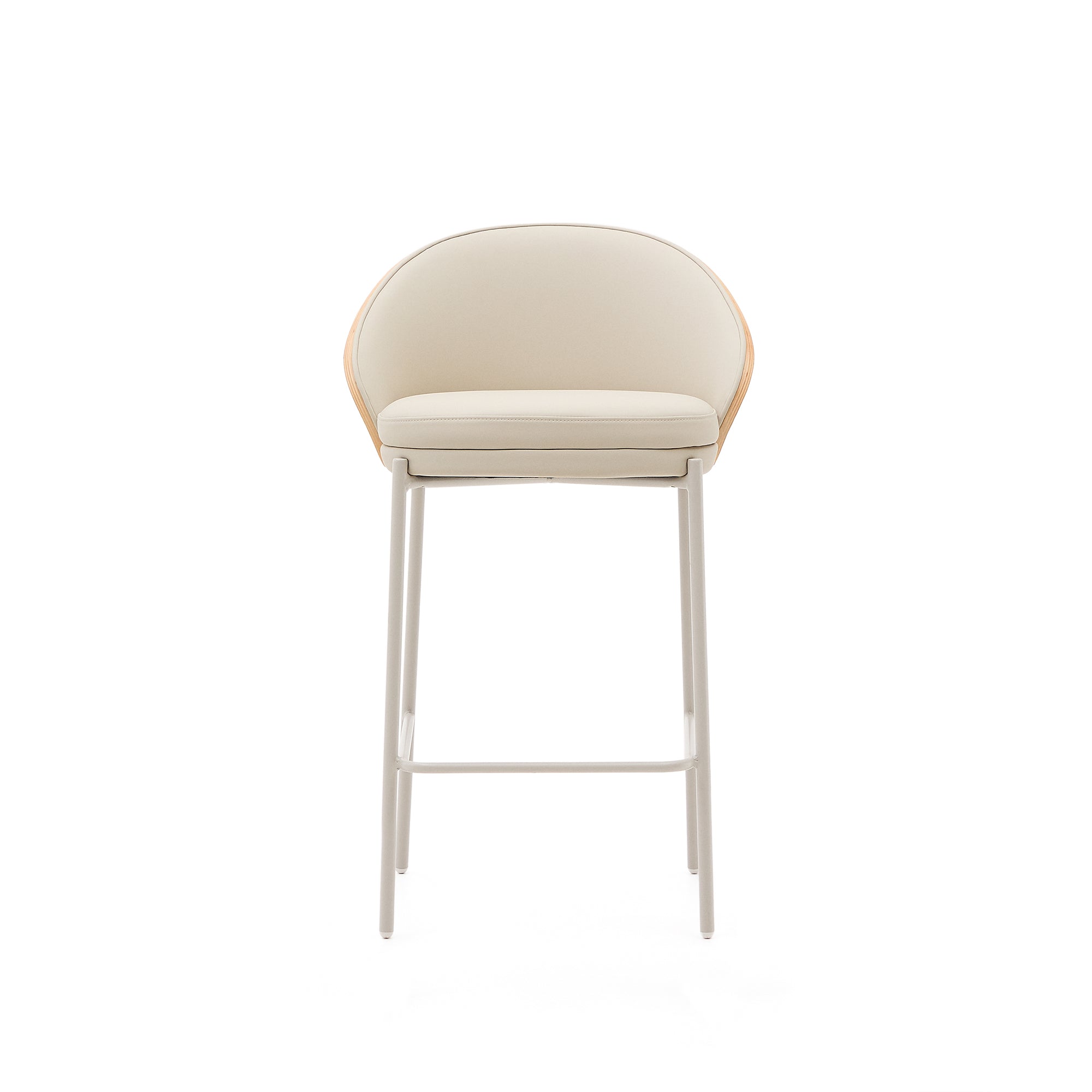 Eamy stool in beige faux leather, natural finish ash veneer and beige metal 65cm - Product Image