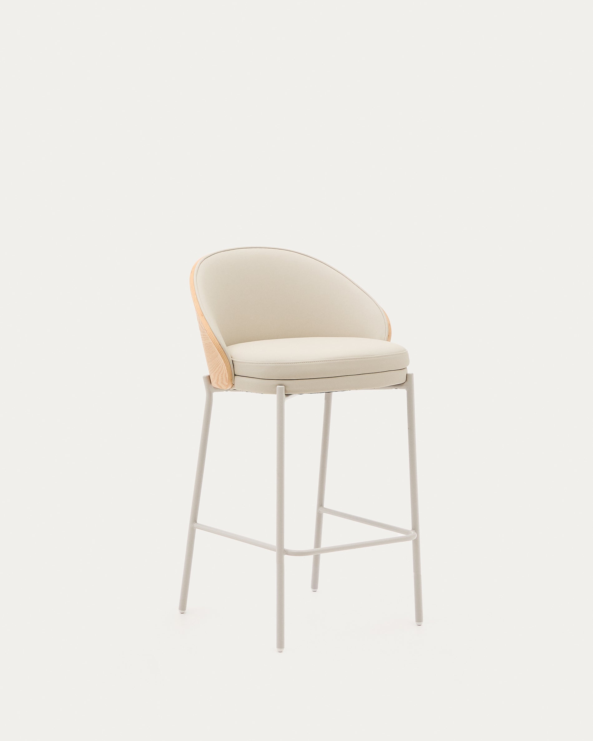Eamy stool in beige faux leather, natural finish ash veneer and beige metal 65cm - Product View