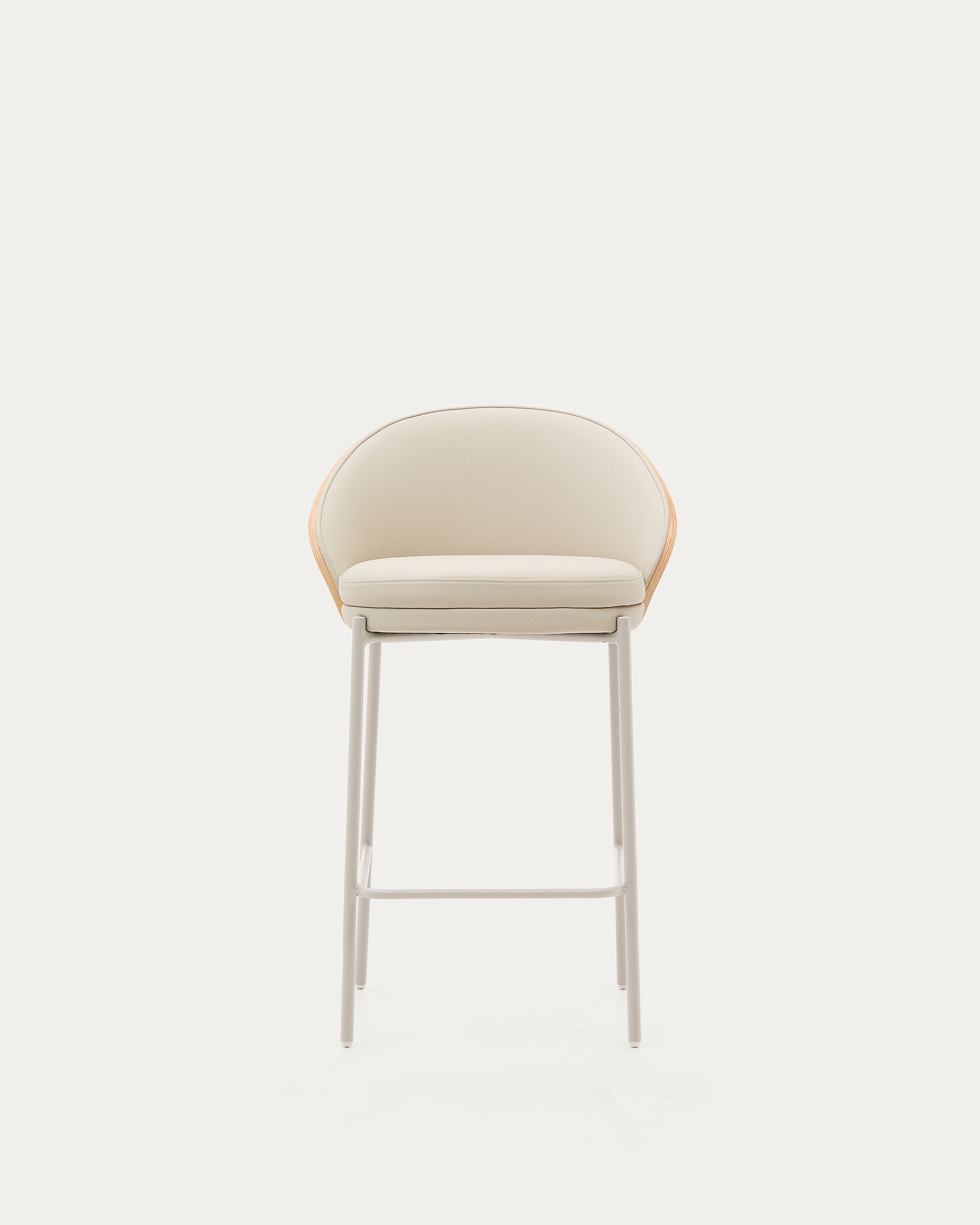 Eamy stool in beige faux leather, natural finish ash veneer and beige metal 65cm - Product View