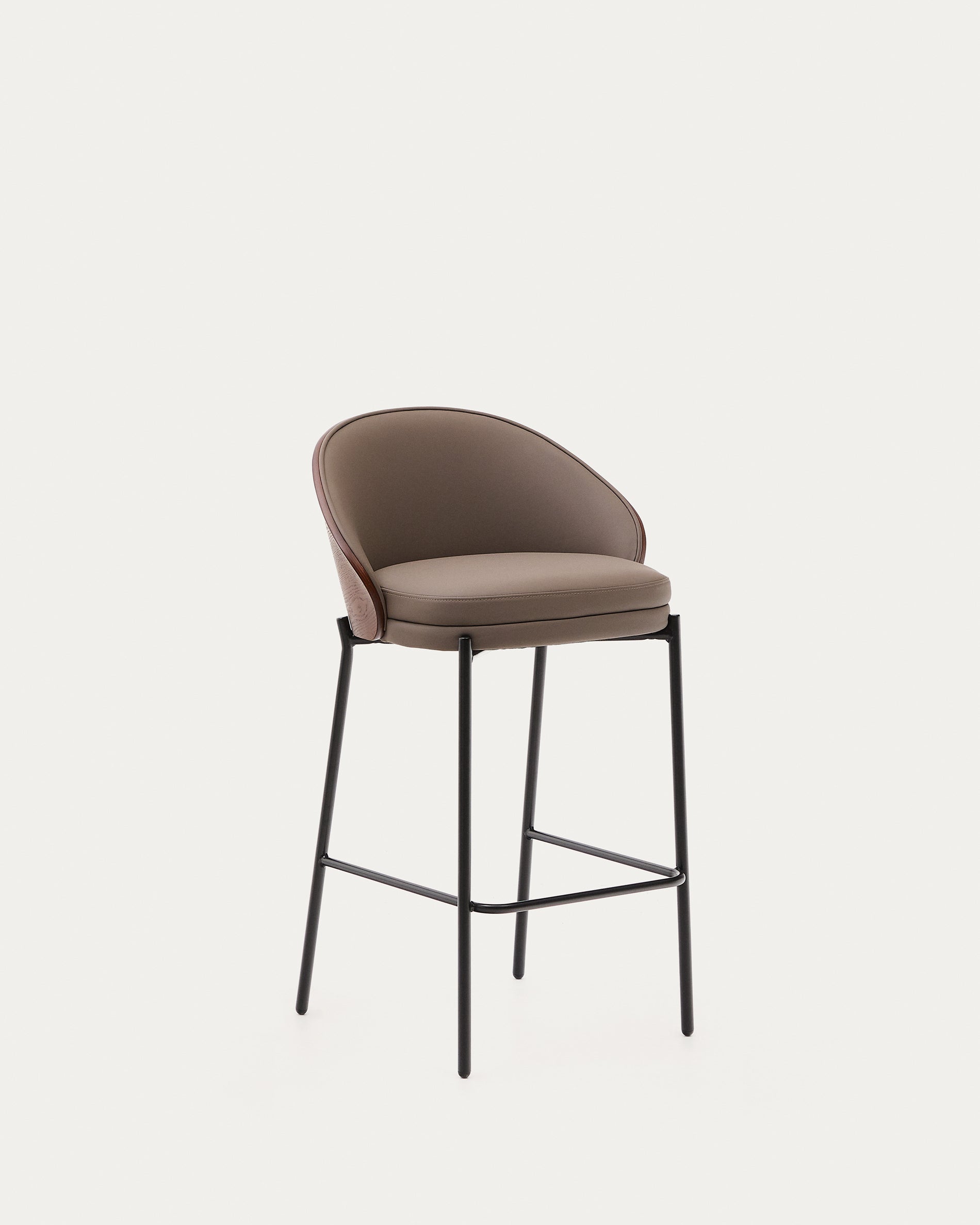 Eamy stool in brown faux leather, ash veneer, walnut finish and black metal 65 cm - Product View