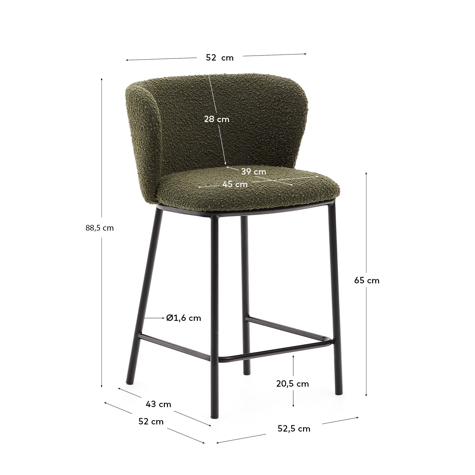 Ciselia stool in green bouclé and black steel, height 65 cm, FSC Mix Credit - Measurements