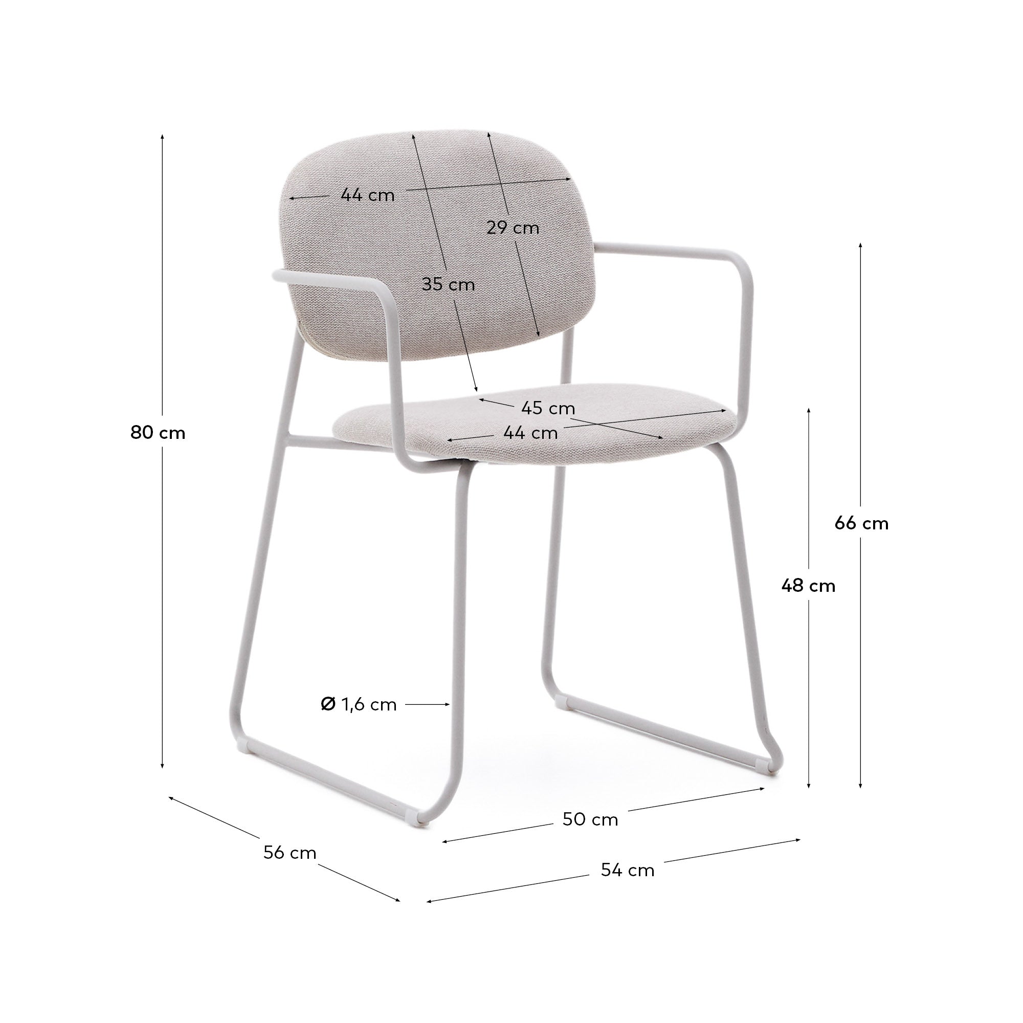 Meli chair in beige chenille with beige metal structure FSC Mix Credit - Measurements