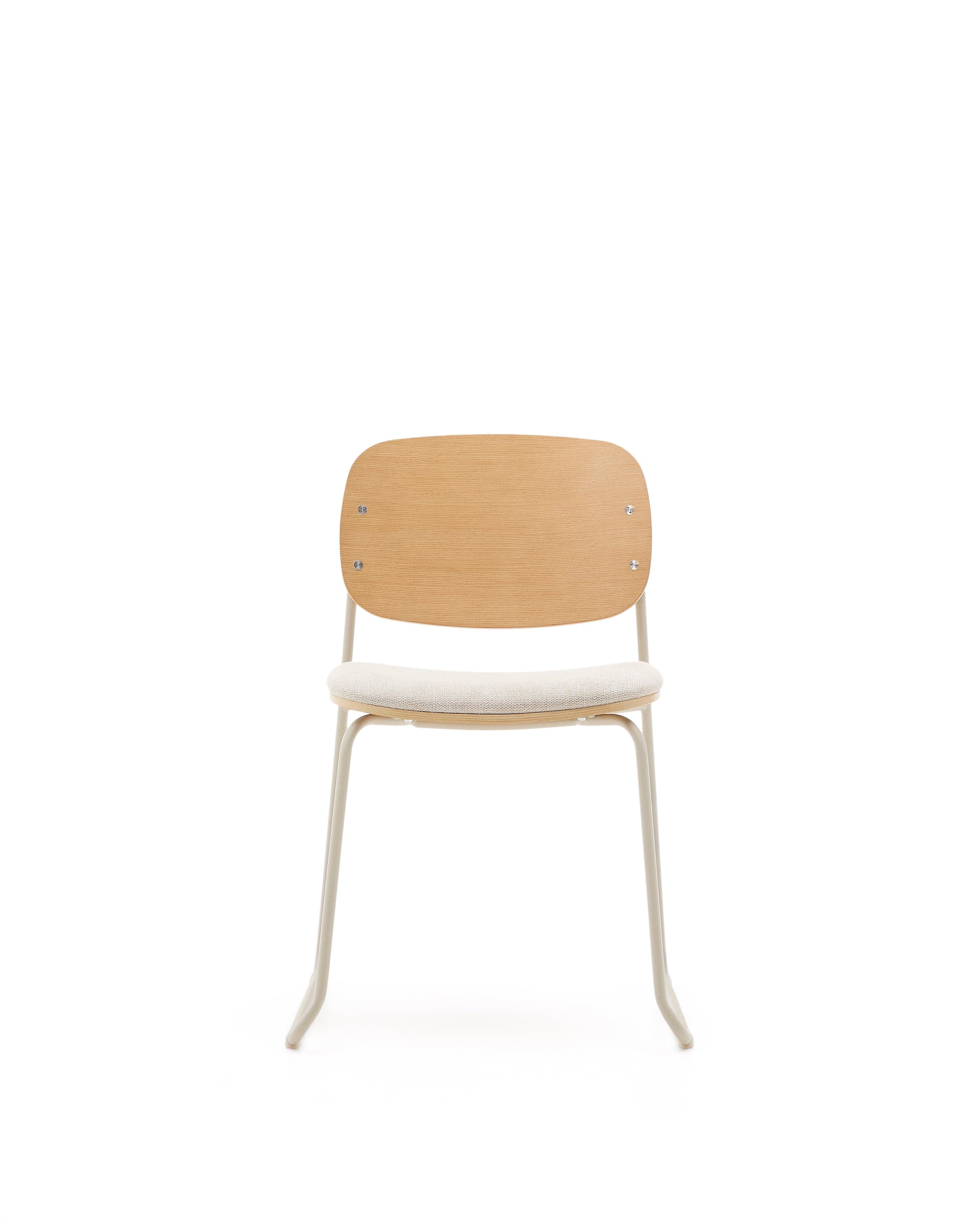 Meli stackable chair in poplar plywood with beige chenille seat and beige metal legs FSC Mix Credit - Product Image