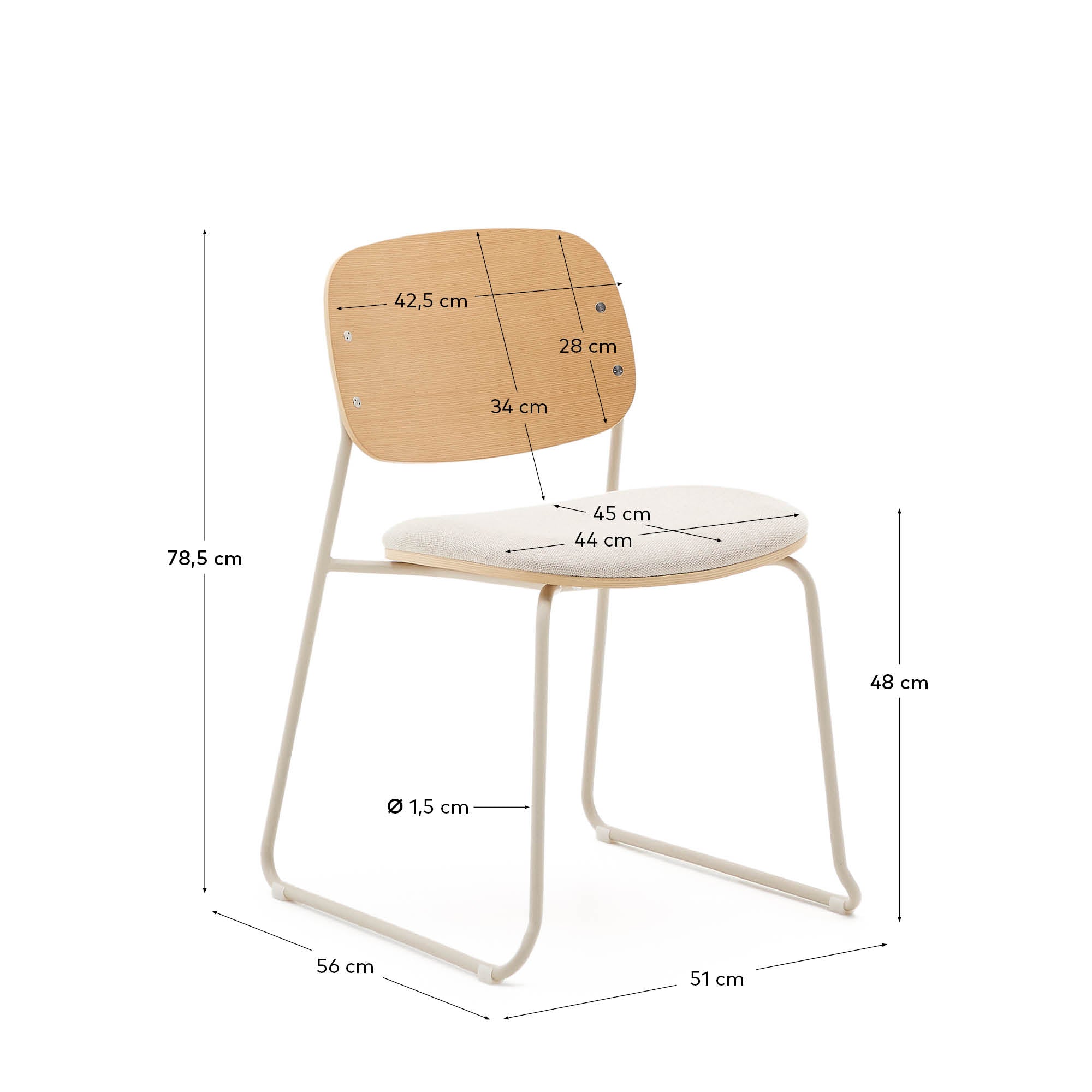 Meli stackable chair in poplar plywood with beige chenille seat and beige metal legs FSC Mix Credit - Measurements