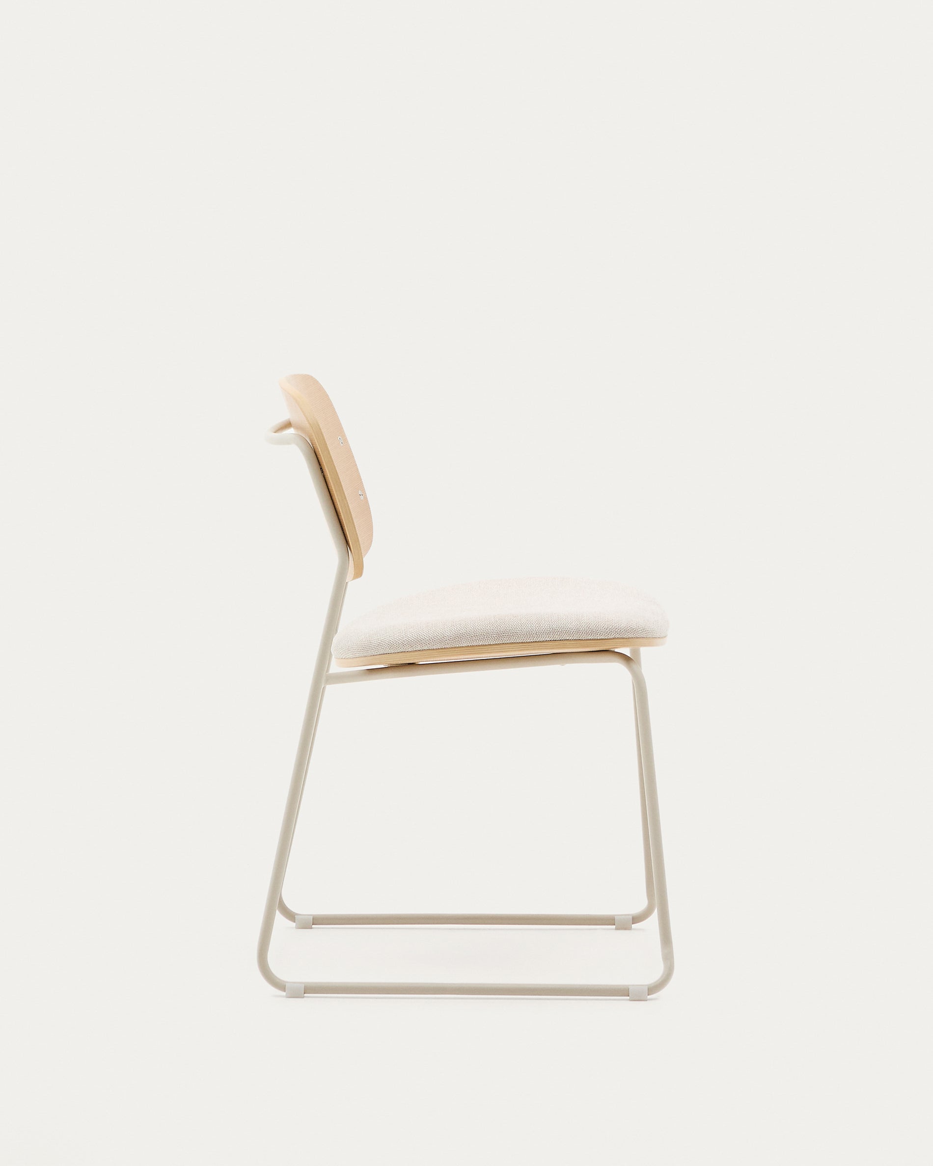 Meli stackable chair in poplar plywood with beige chenille seat and beige metal legs FSC Mix Credit