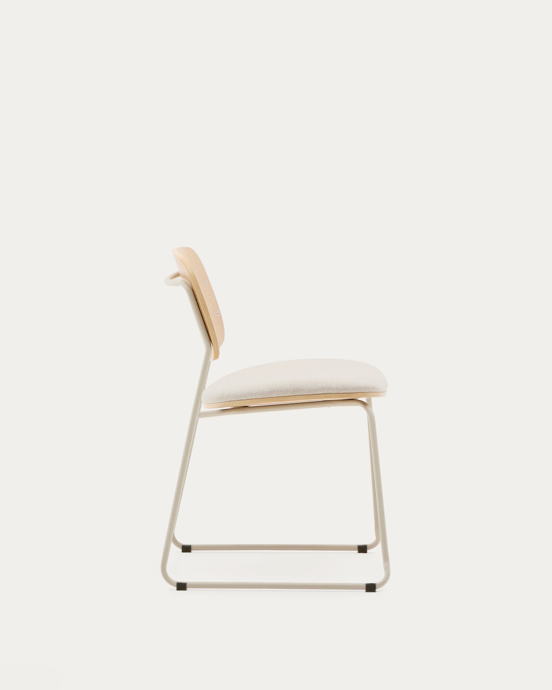 Meli stackable chair in poplar plywood with beige chenille seat and beige metal legs FSC Mix Credit - Product View