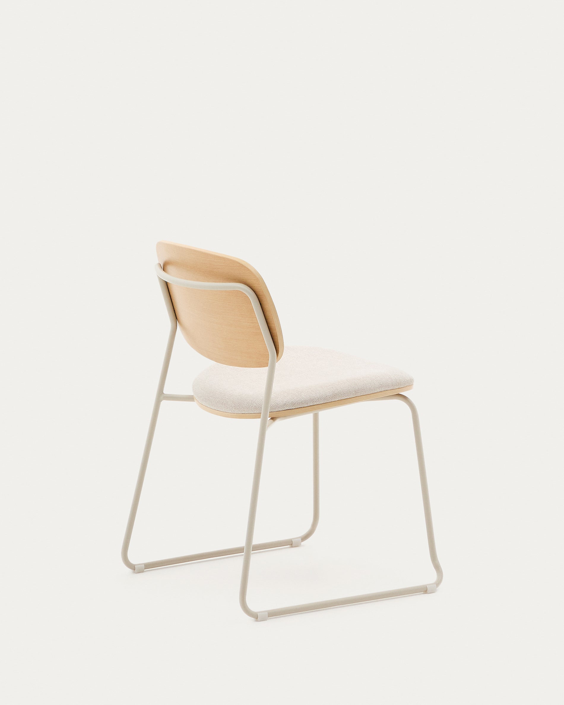Meli stackable chair in poplar plywood with beige chenille seat and beige metal legs FSC Mix Credit