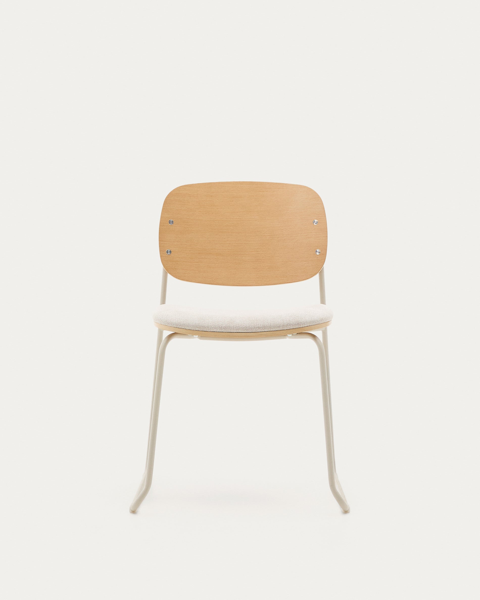 Meli stackable chair in poplar plywood with beige chenille seat and beige metal legs FSC Mix Credit