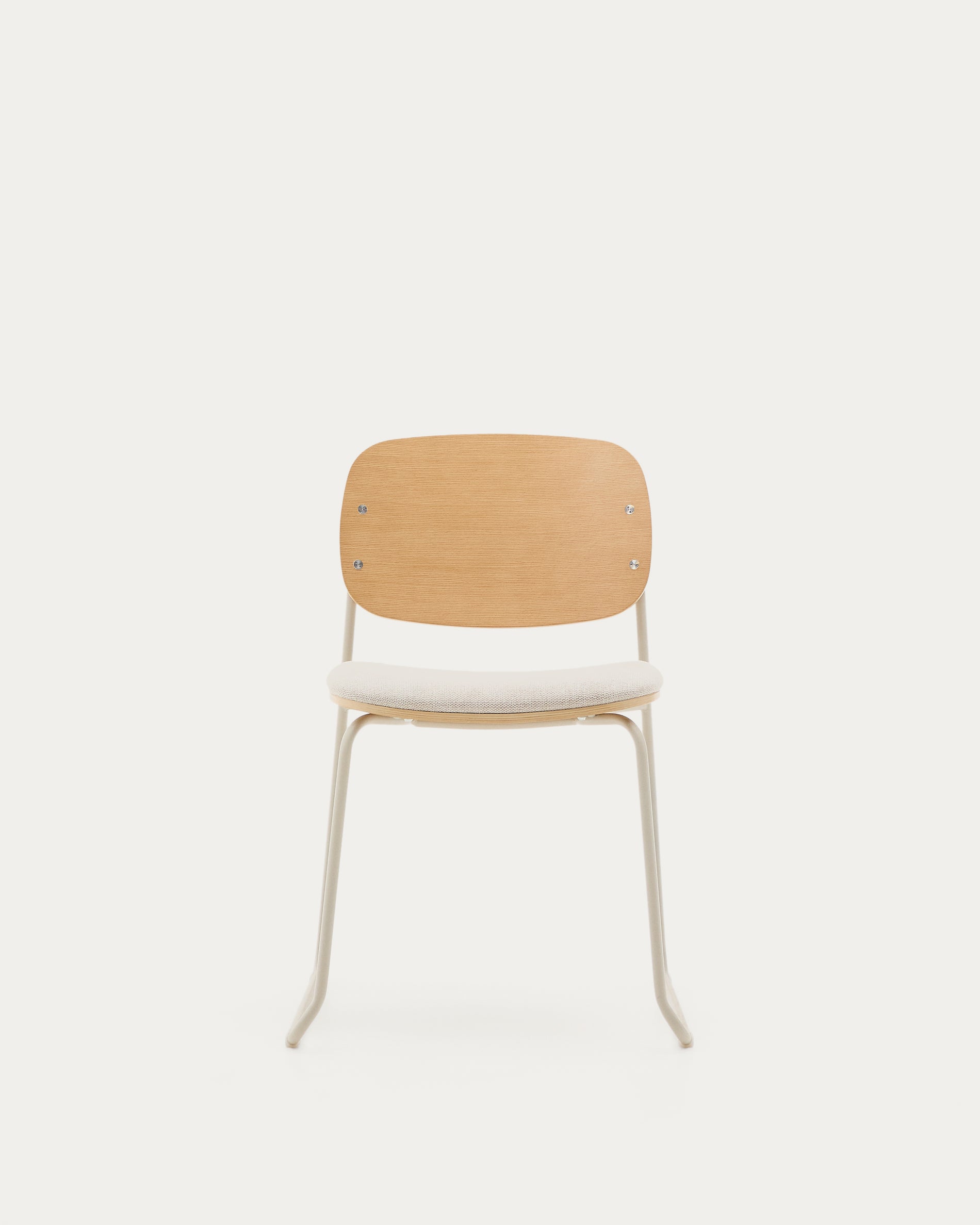 Meli stackable chair in poplar plywood with beige chenille seat and beige metal legs FSC Mix Credit - Product View